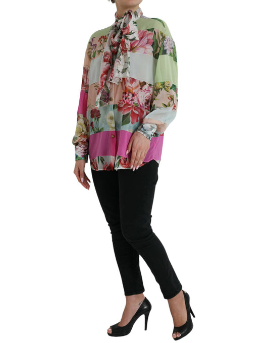 Elegante top a maniche lunghe in misto seta multicolore