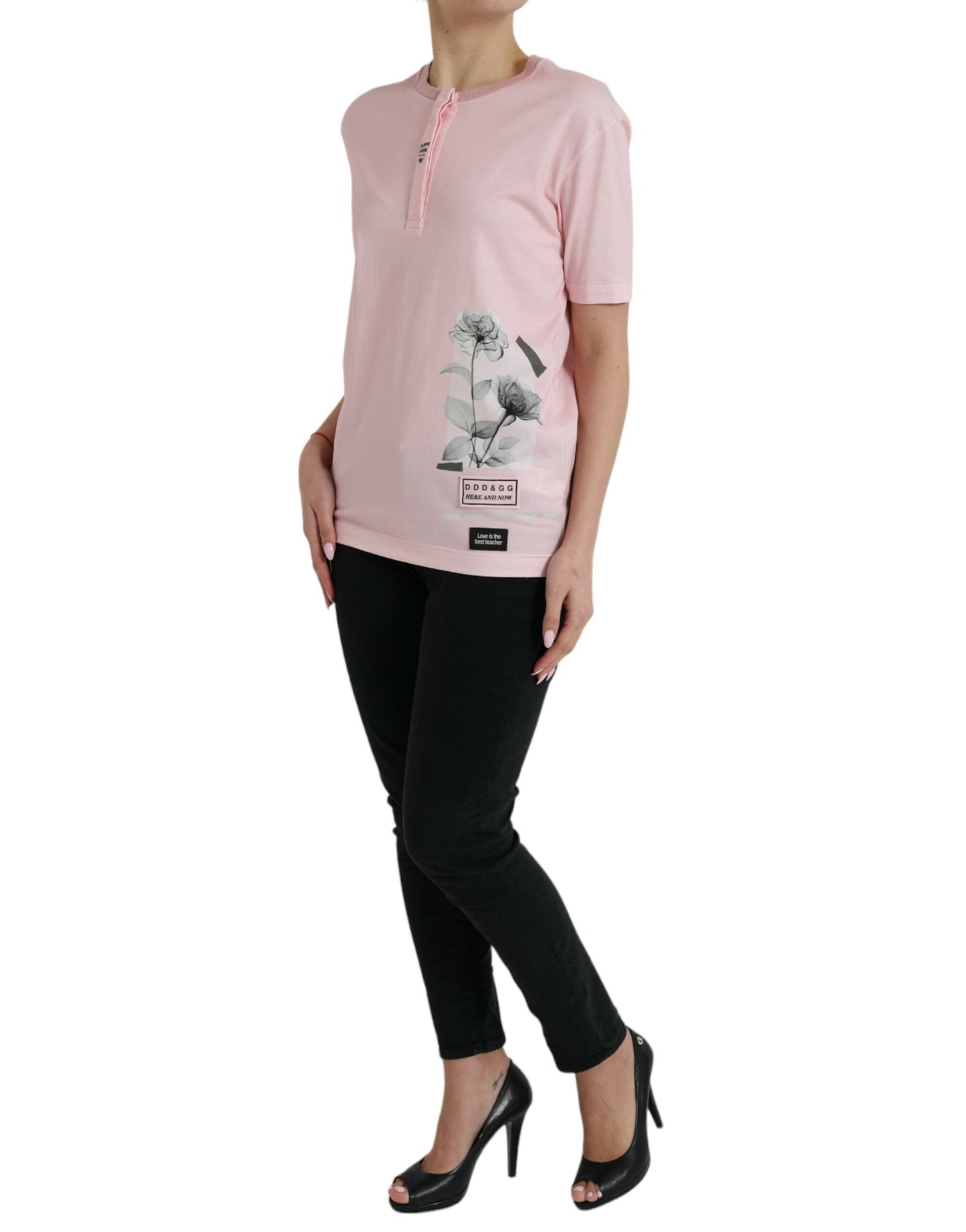 Maglietta in cotone con stampa floreale rosa chic