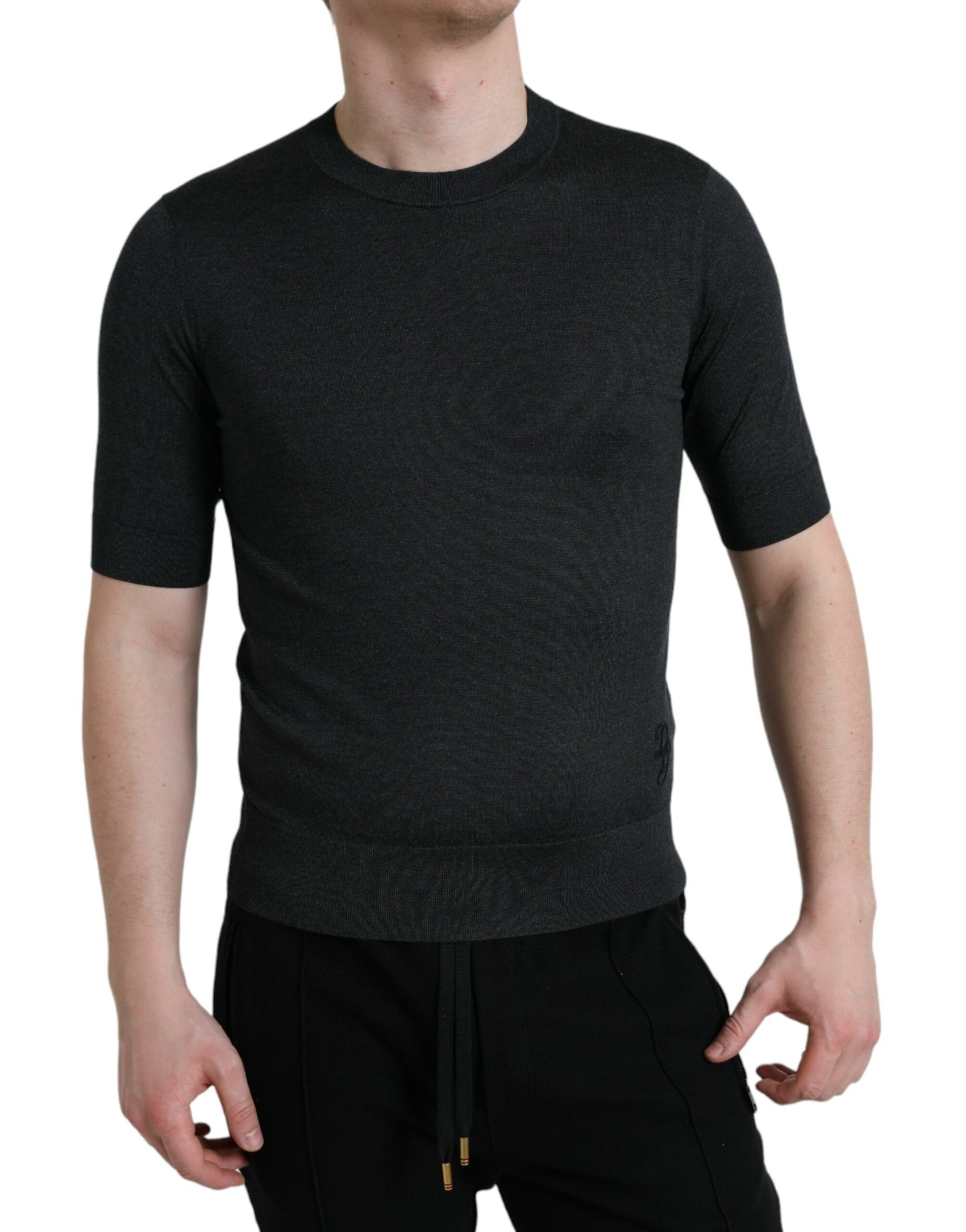 Elegantes Seiden-T-Shirt mit Rundhalsausschnitt in Dunkelgrau