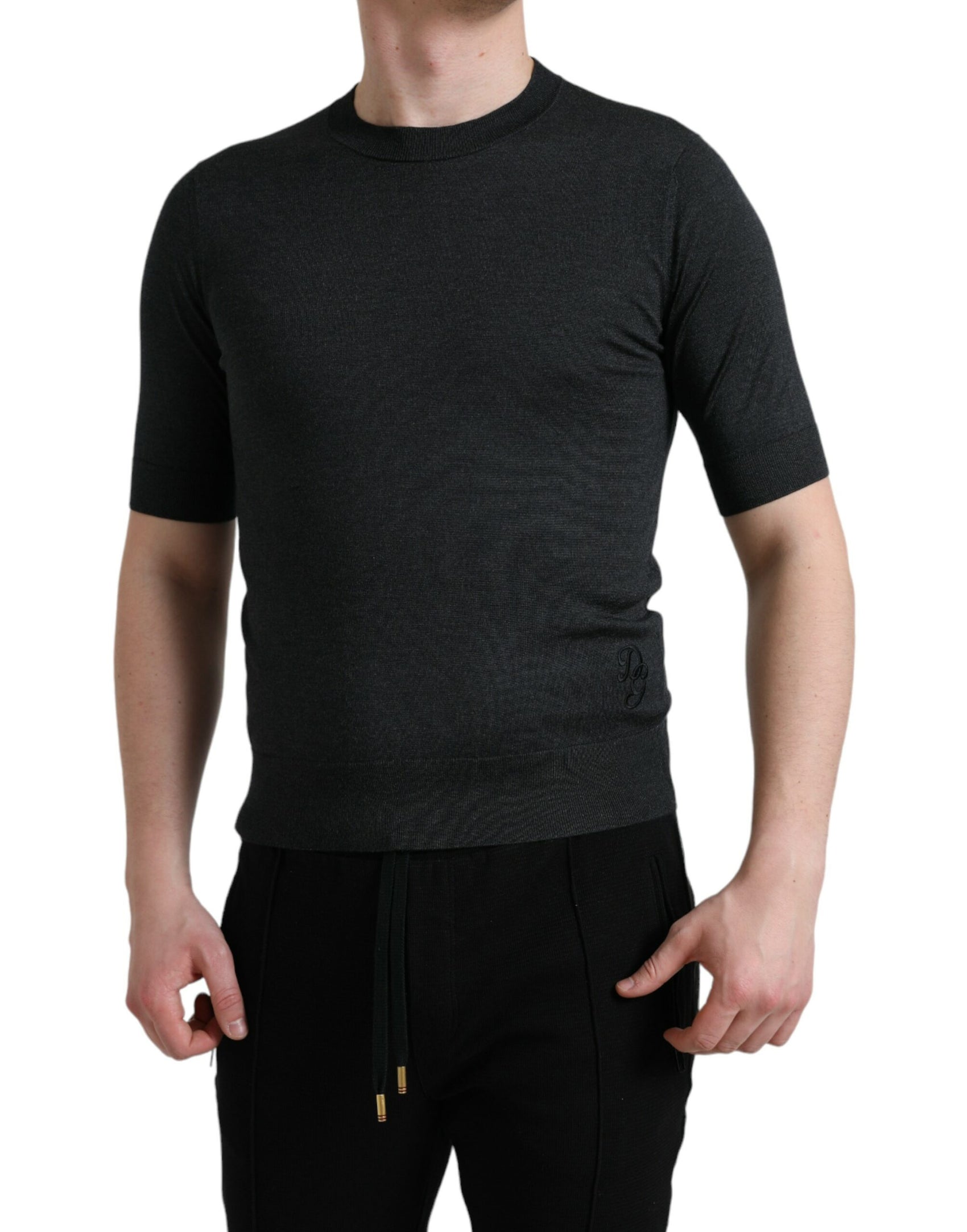 Elegantes Seiden-T-Shirt mit Rundhalsausschnitt in Dunkelgrau
