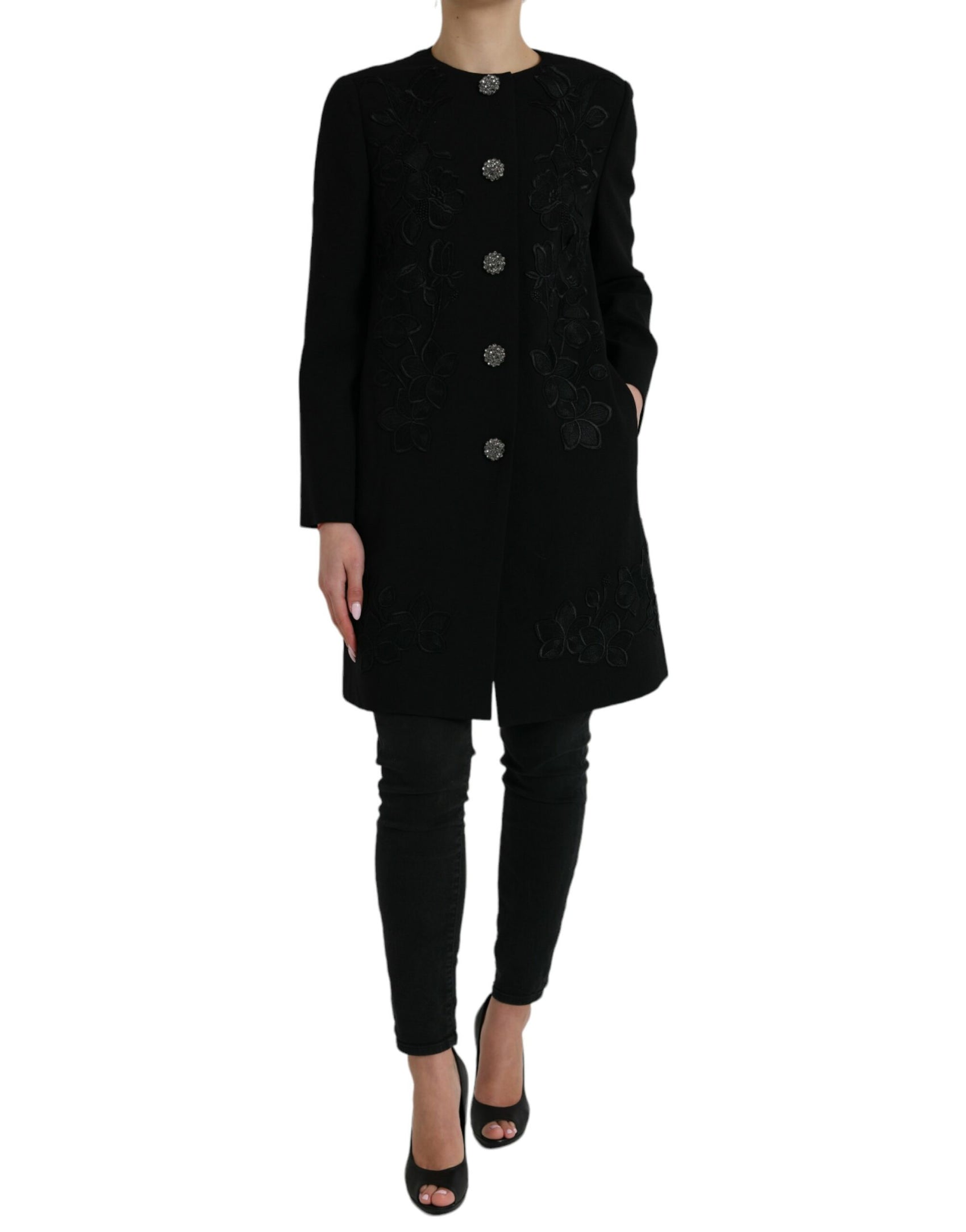 Elegante trench in lana con bottoni floreali