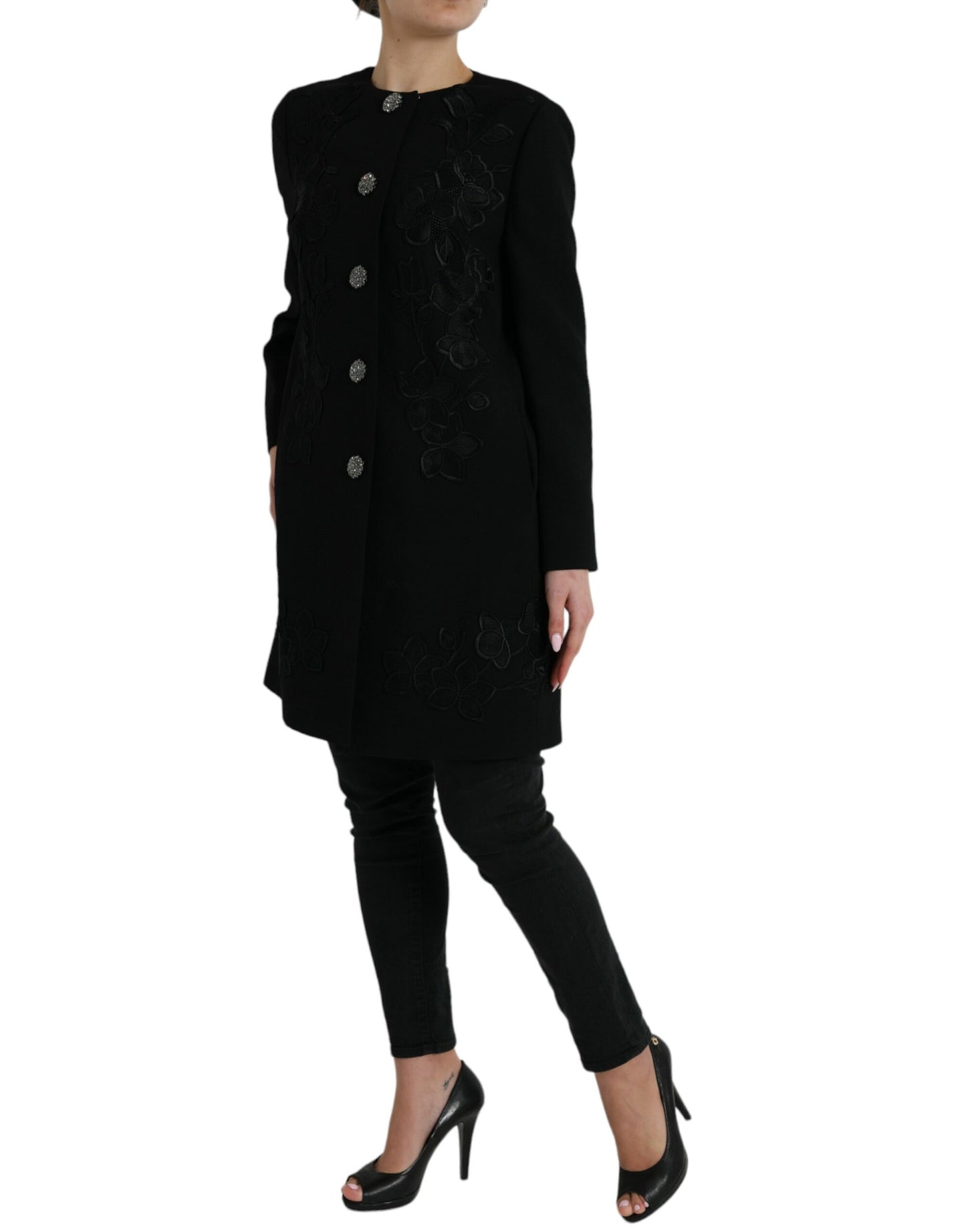 Elegante trench in lana con bottoni floreali