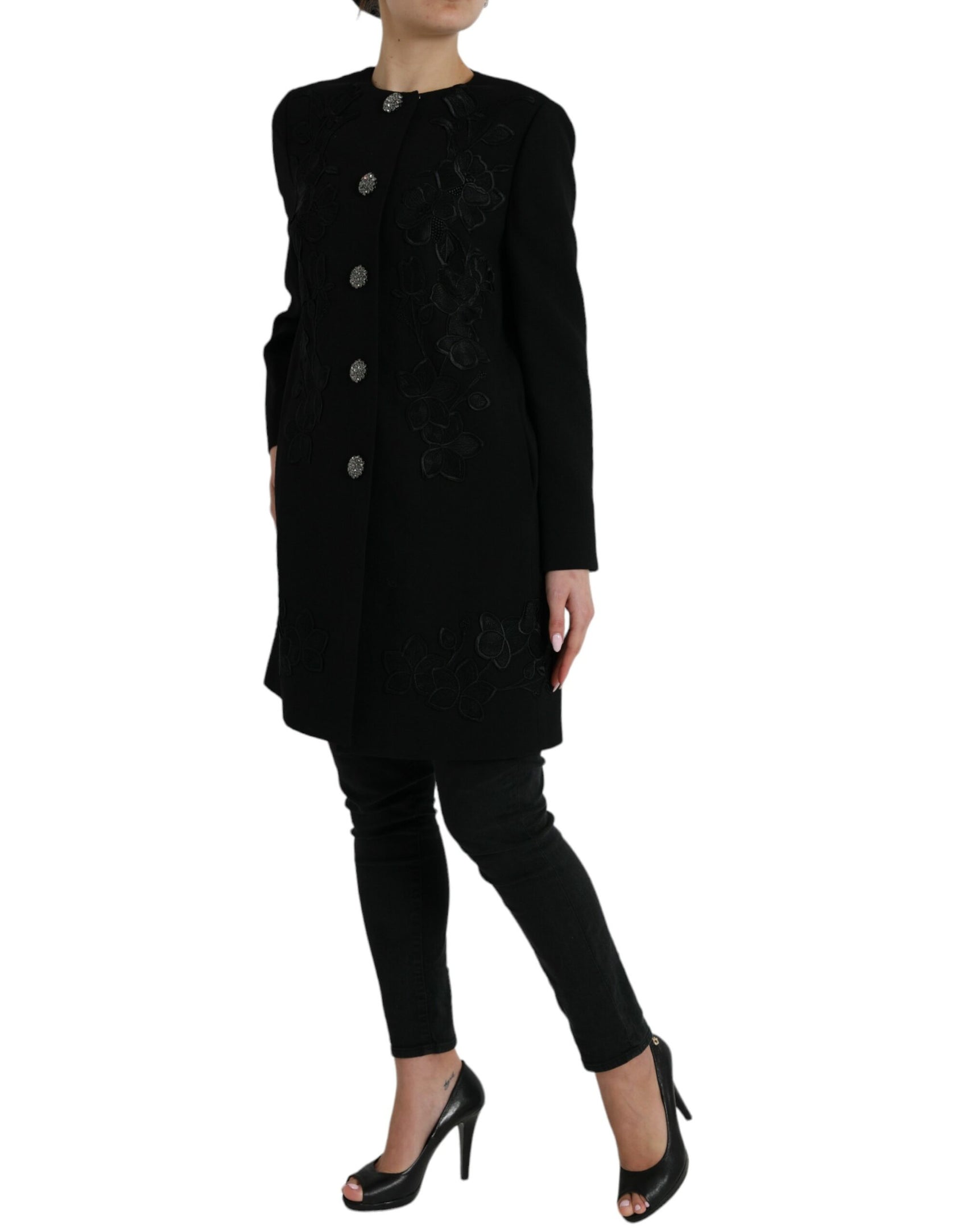 Elegante trench in lana con bottoni floreali
