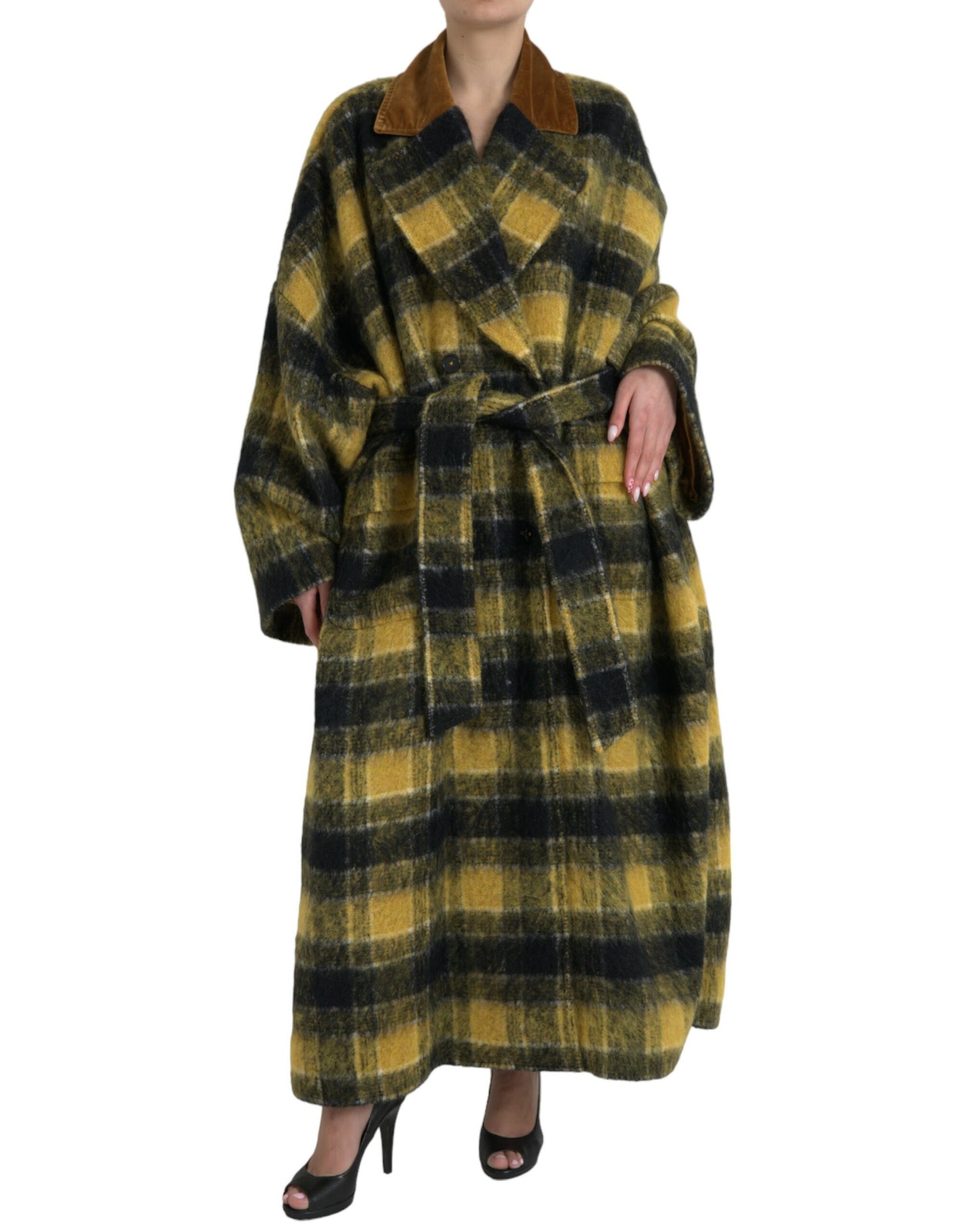 Trench lungo a quadri chic in giallo sole