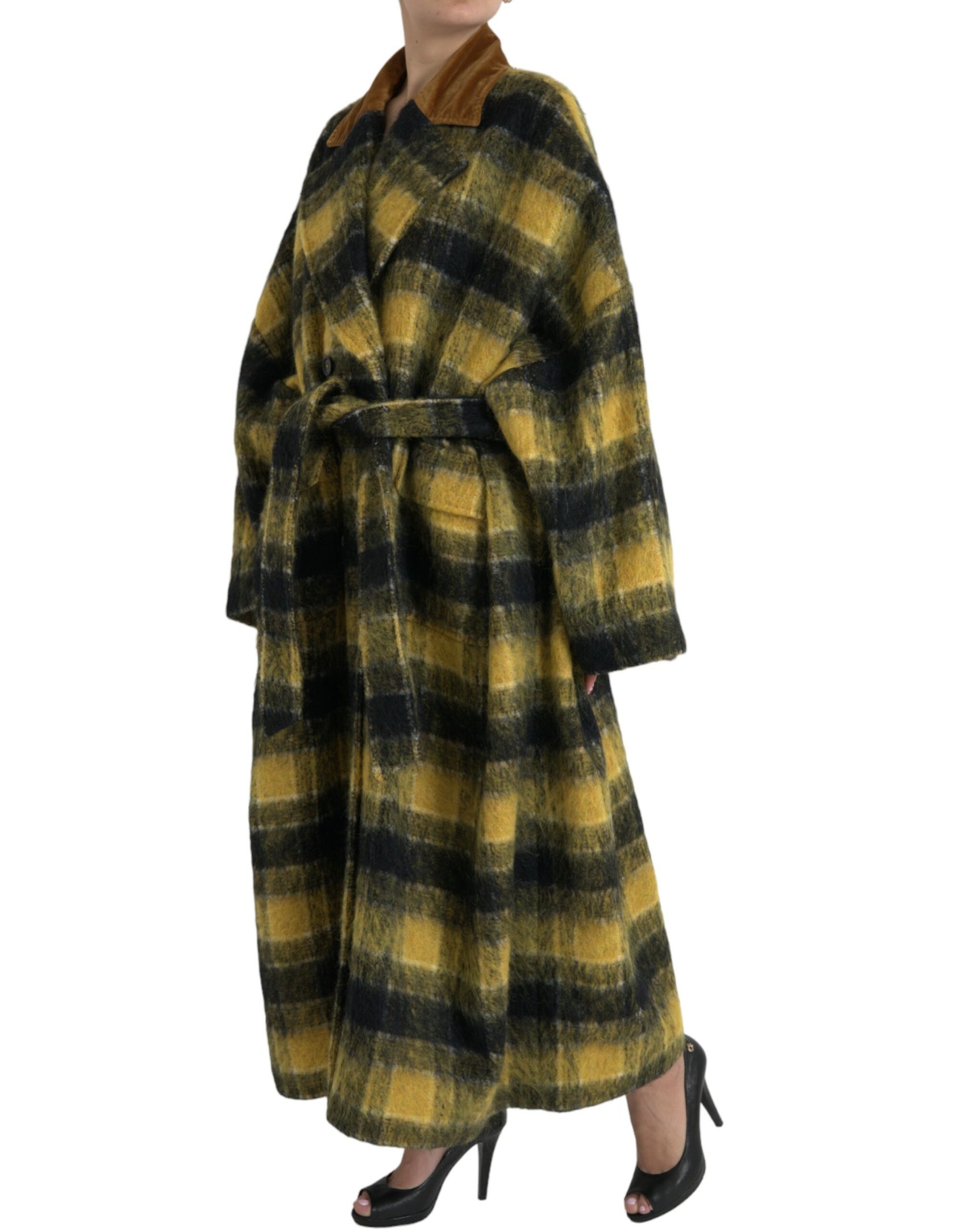 Trench lungo a quadri chic in giallo sole