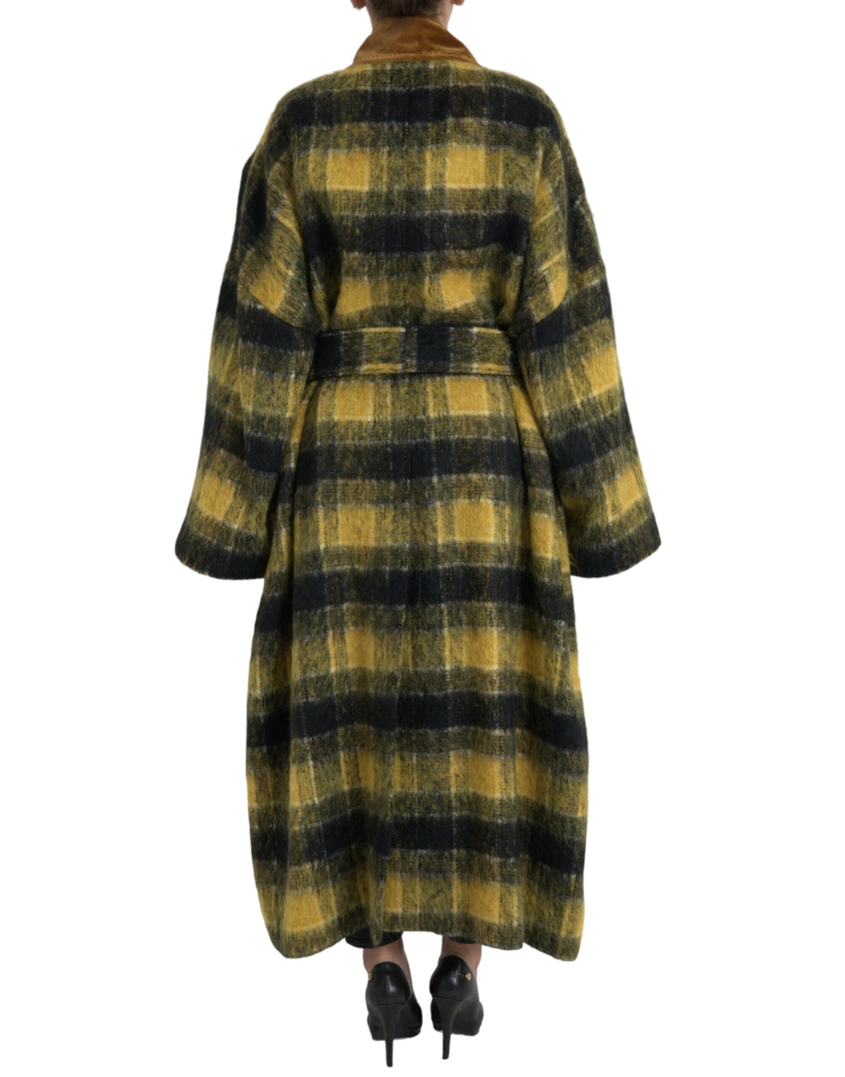 Trench lungo a quadri chic in giallo sole