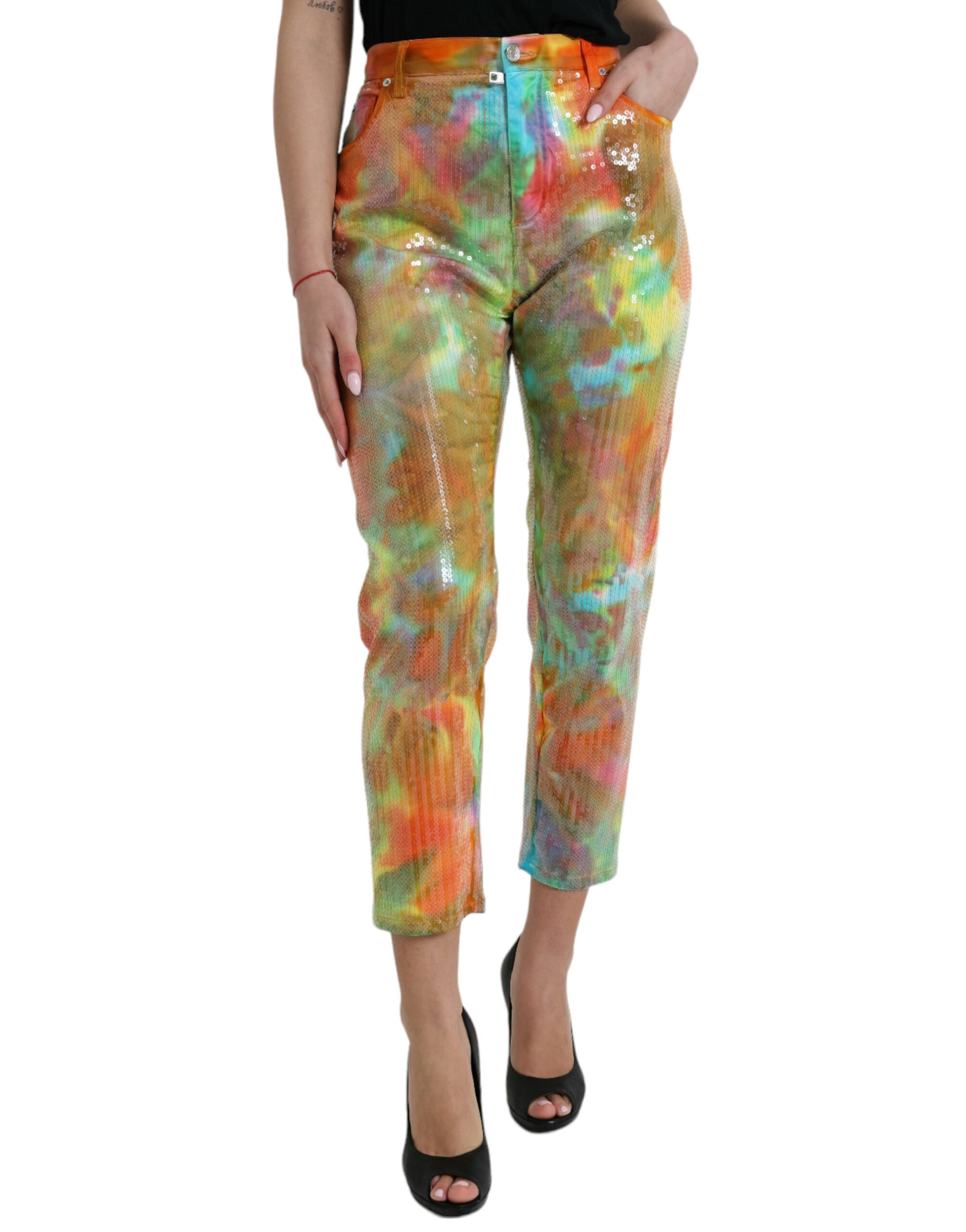 Pantaloni cropped a vita alta multicolor