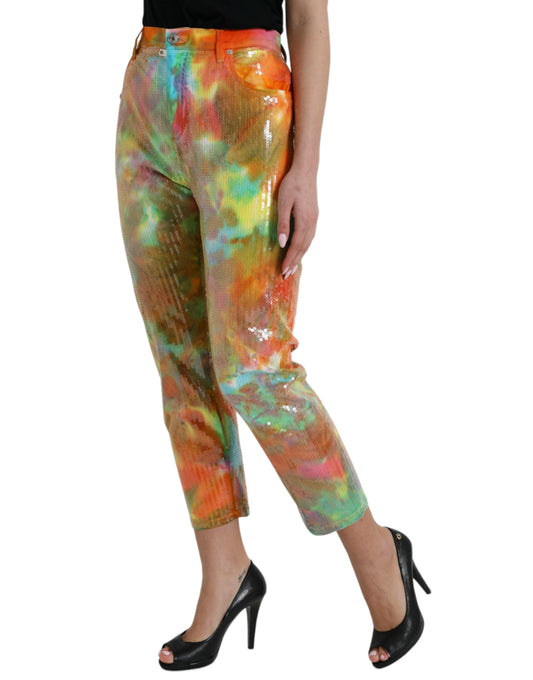 Pantaloni cropped a vita alta multicolor