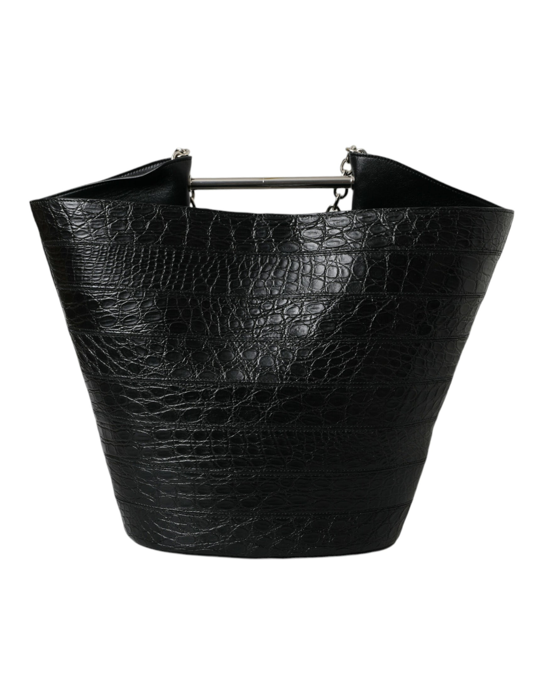 Elegante borsa a secchiello maxi in pelle di coccodrillo nera