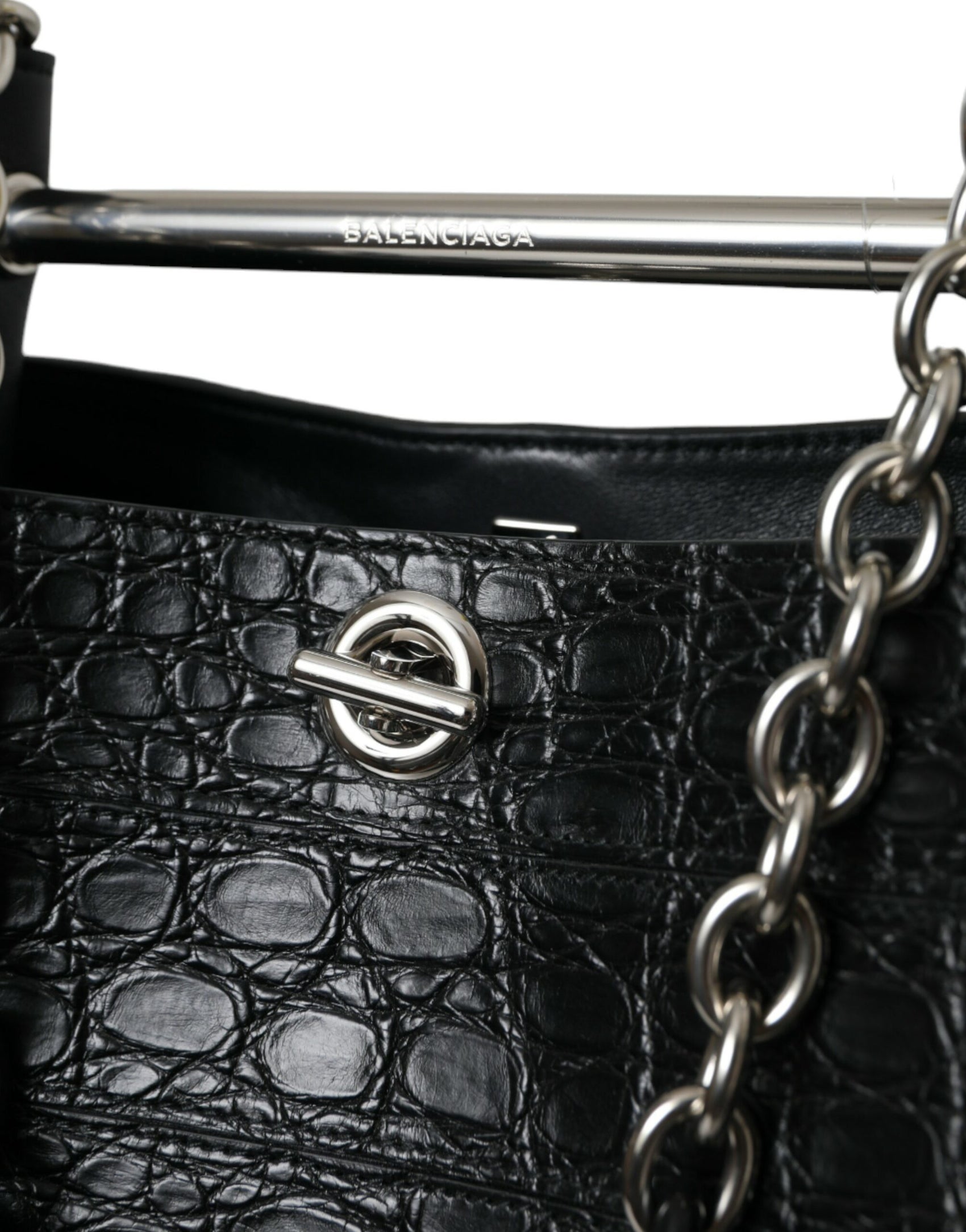 Elegante borsa a secchiello maxi in pelle di coccodrillo nera