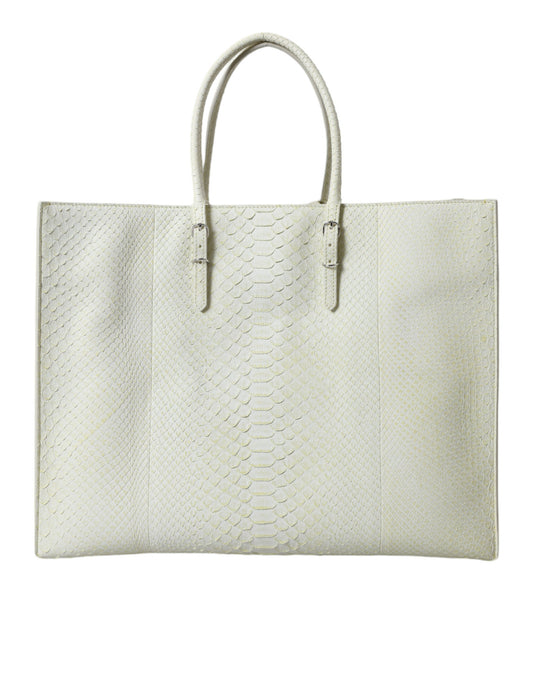 Borsa tote in pelle di pitone chic in bianco e giallo