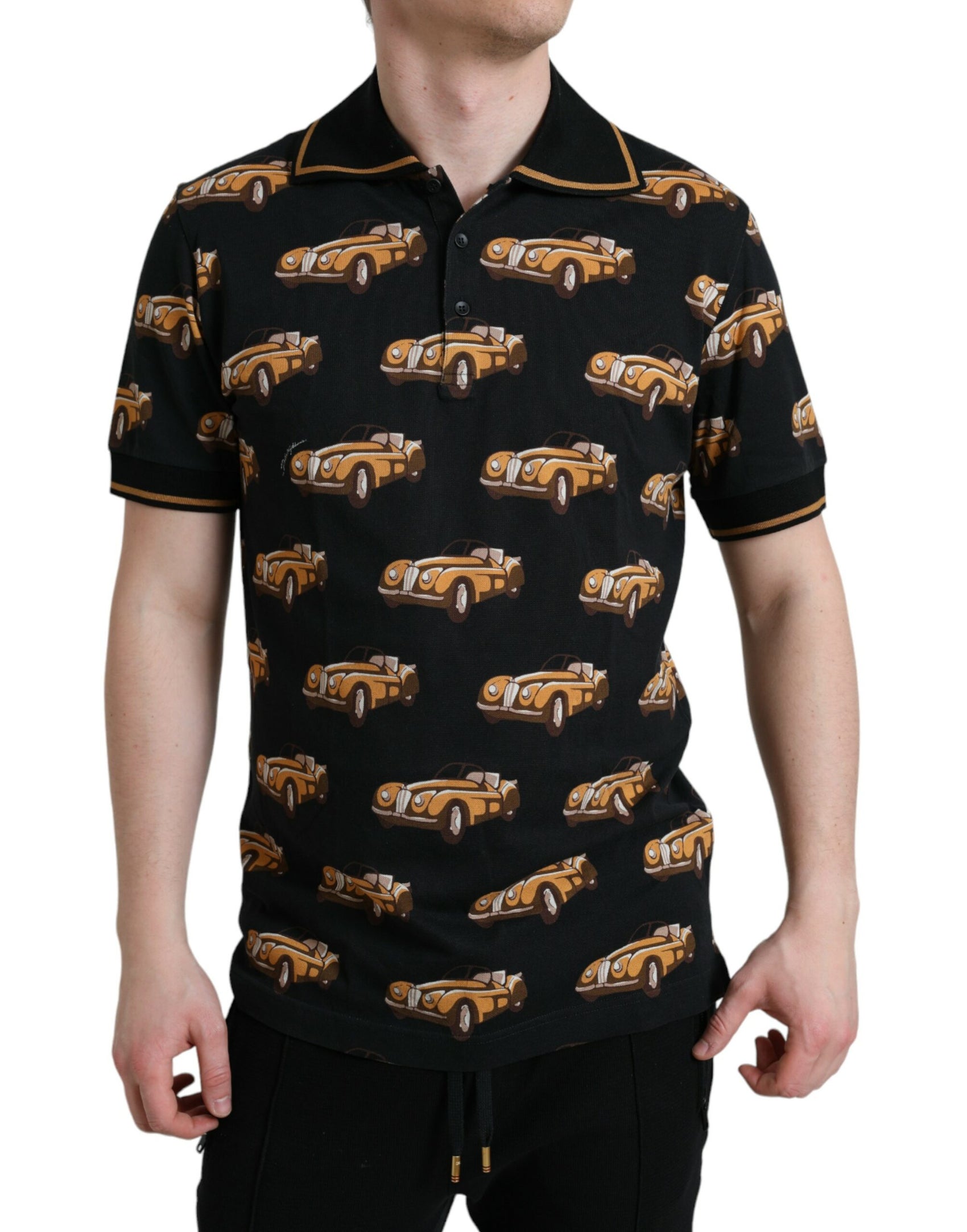 Schwarzes Poloshirt mit kurzen Ärmeln und Auto-Print