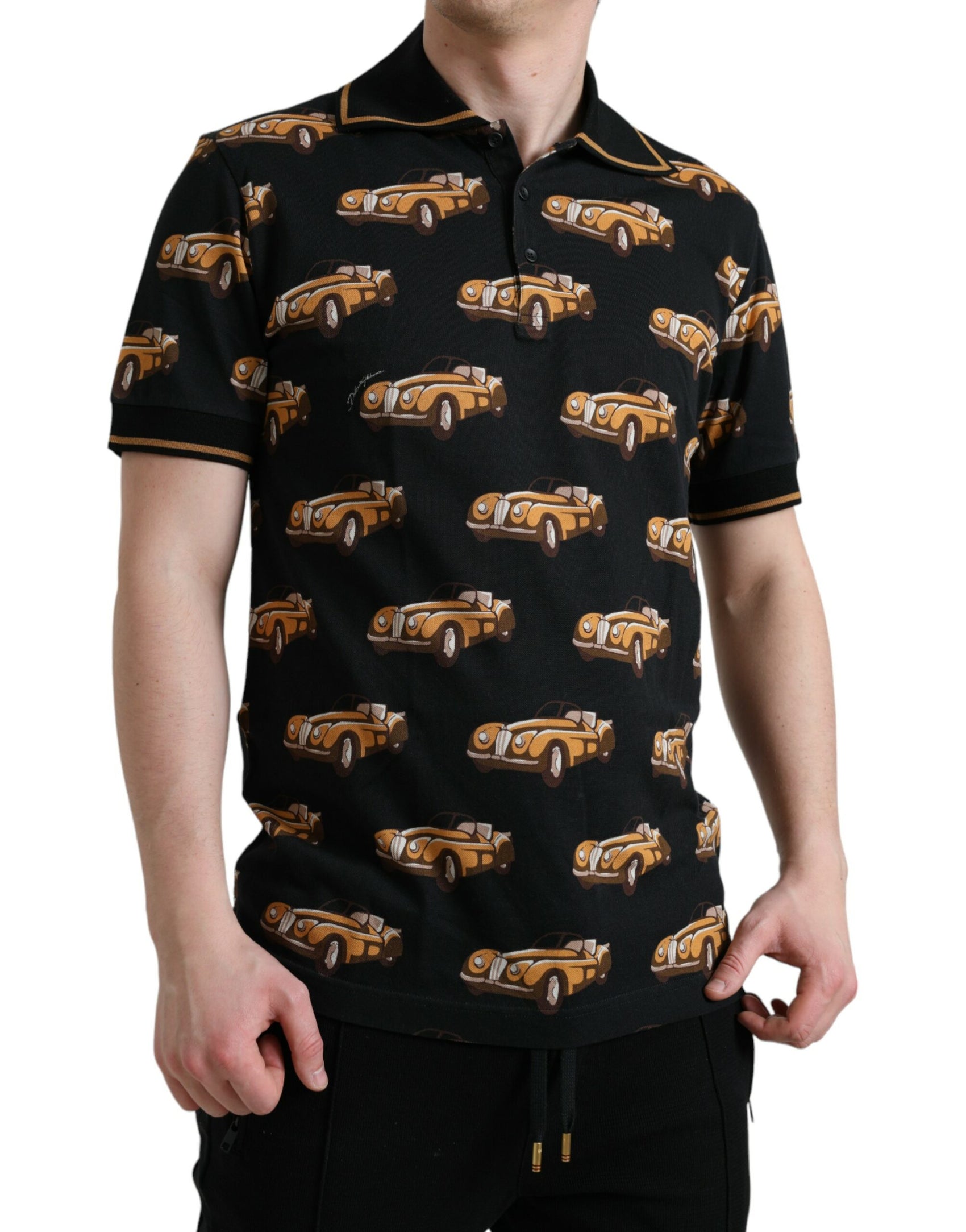 Schwarzes Poloshirt mit kurzen Ärmeln und Auto-Print