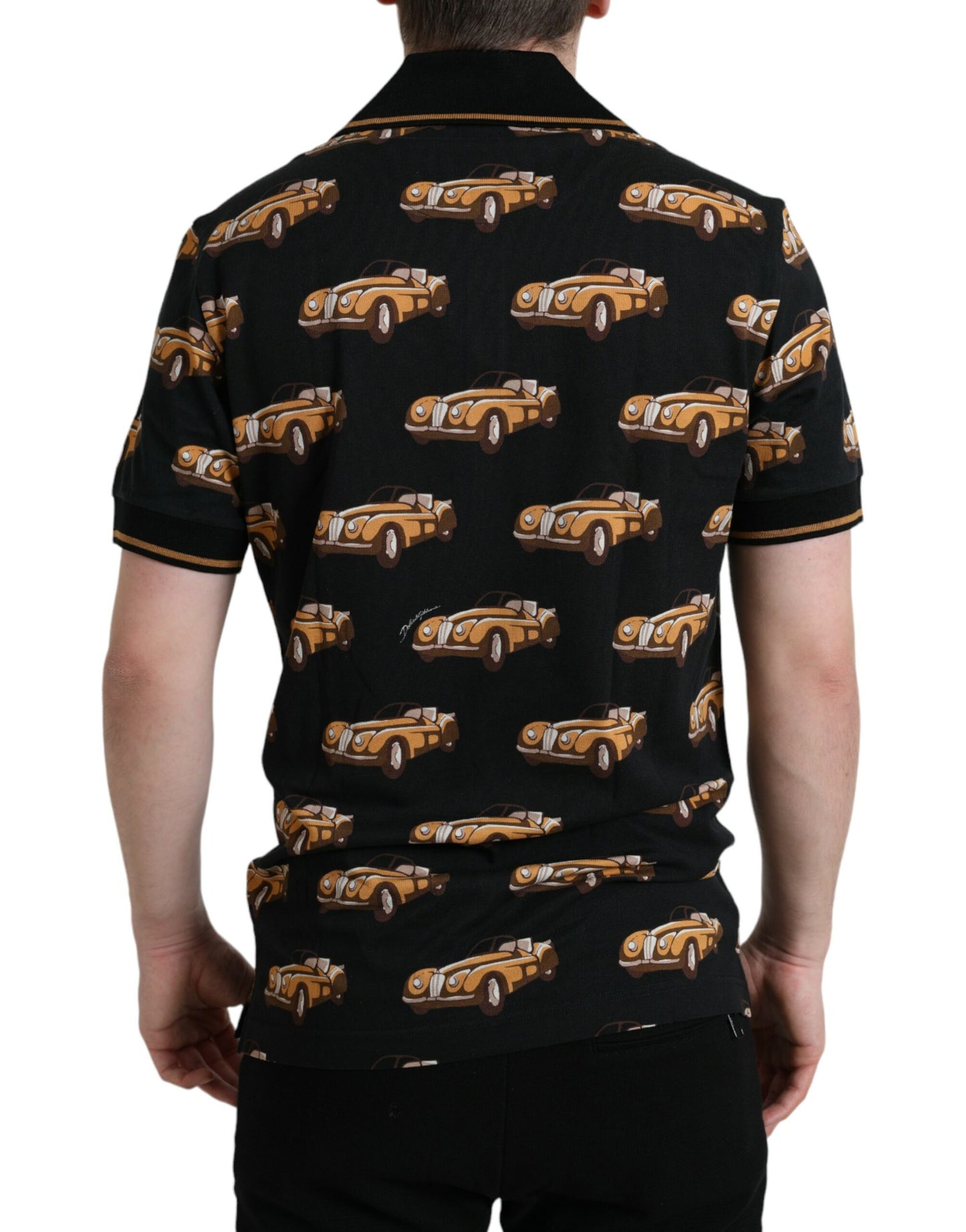 Schwarzes Poloshirt mit kurzen Ärmeln und Auto-Print