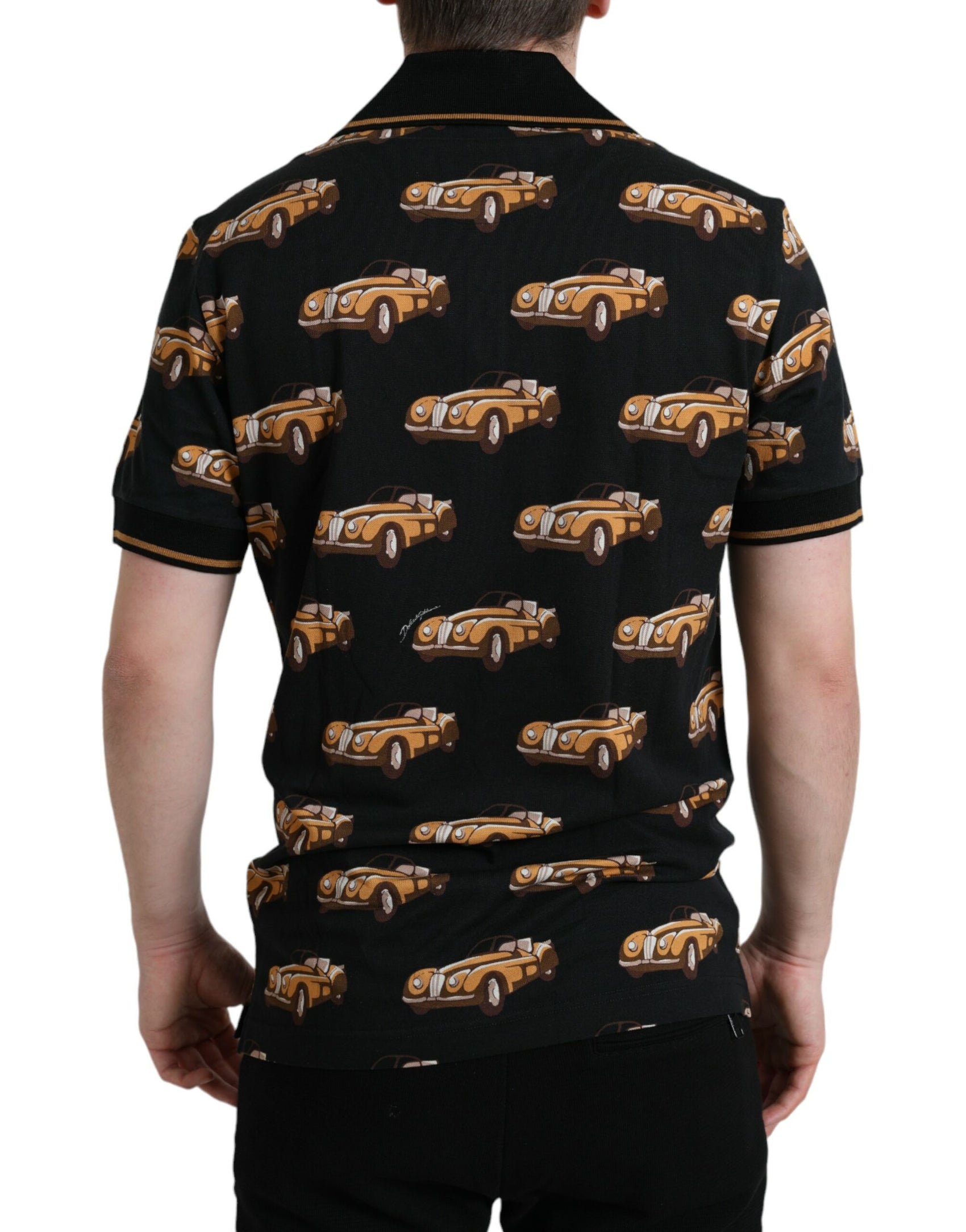 Schwarzes Poloshirt mit kurzen Ärmeln und Auto-Print