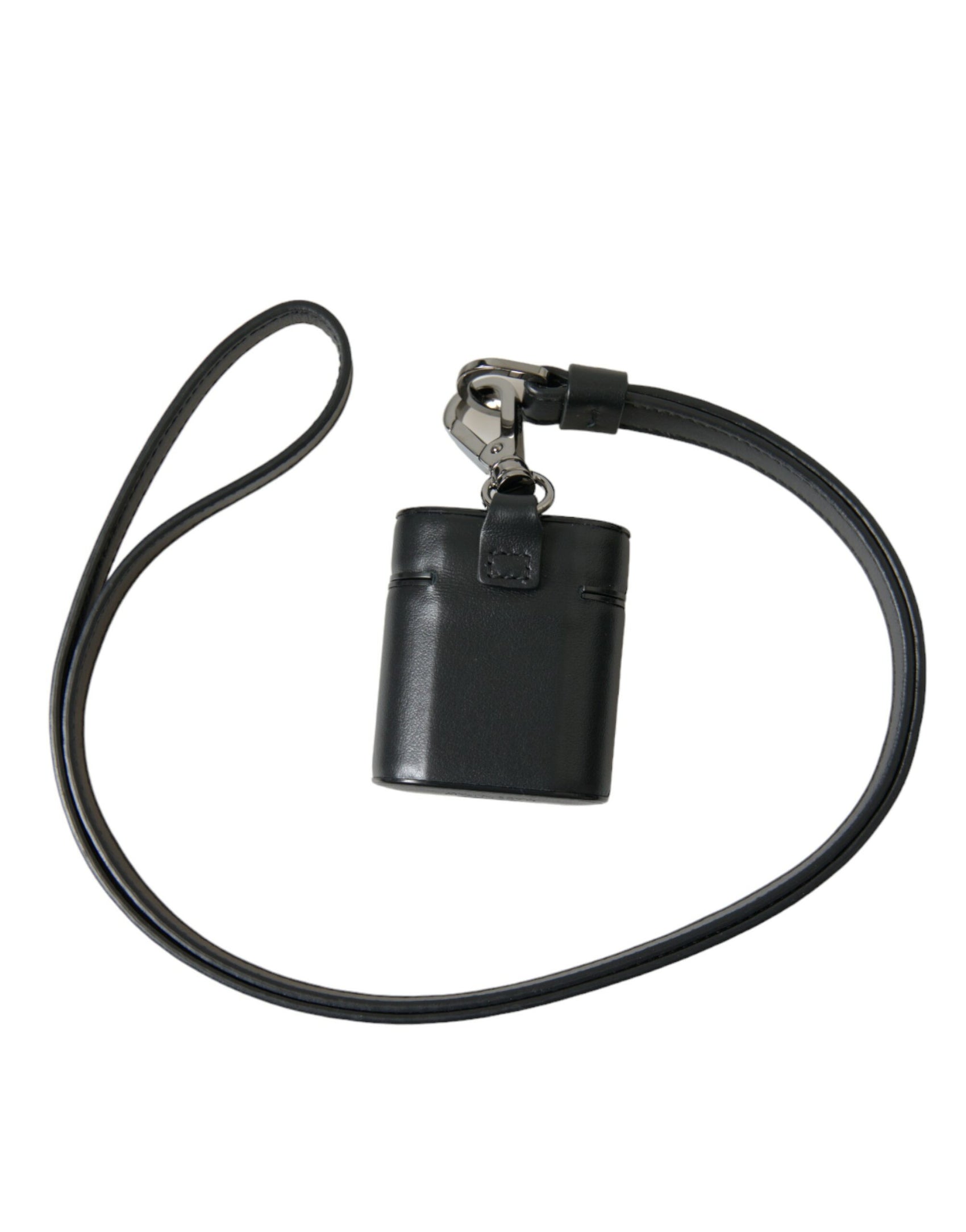 Cinturino in pelle nera Logo in metallo argentato Custodia per Airpods stampata