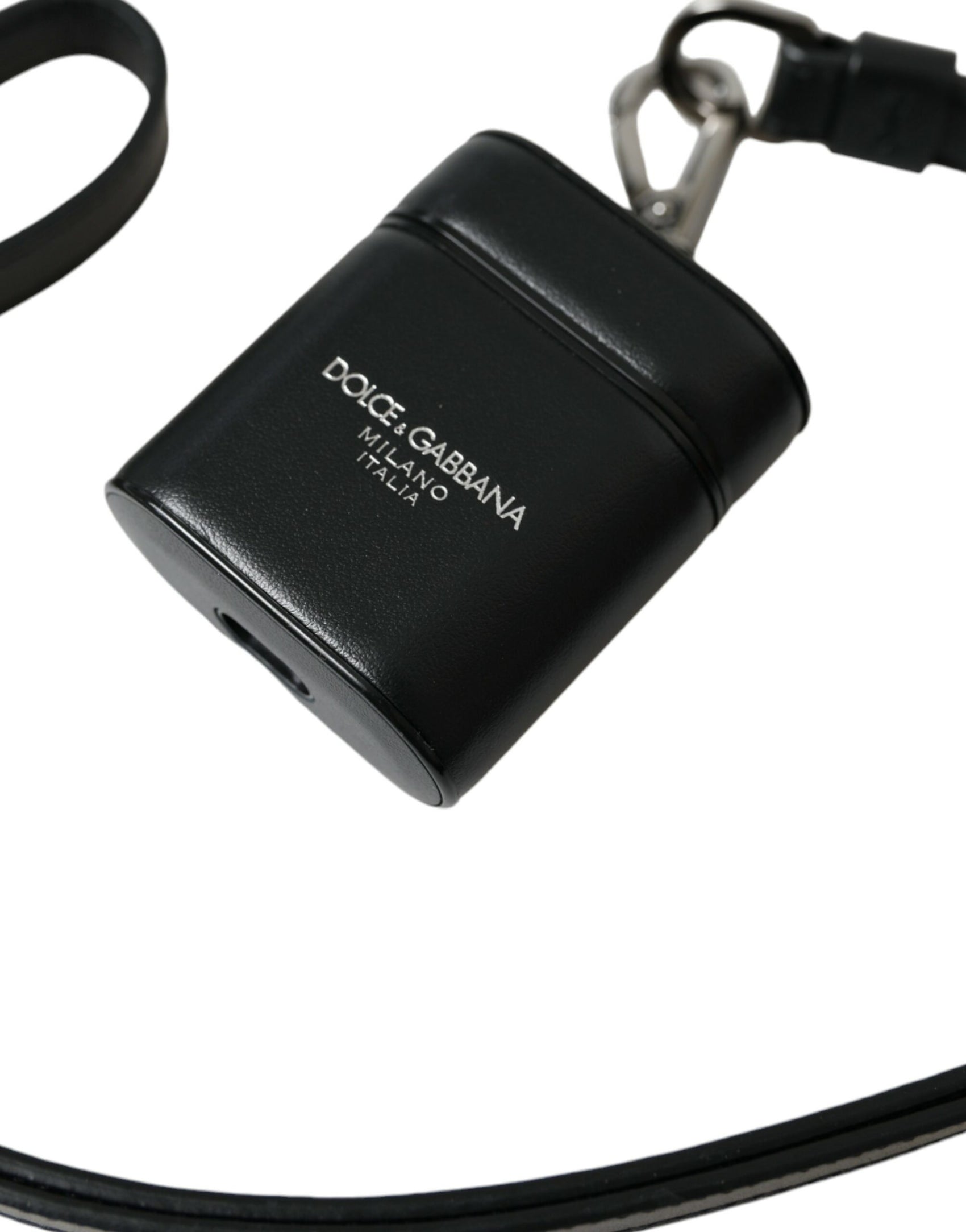 Cinturino in pelle nera Logo in metallo argentato Custodia per Airpods stampata