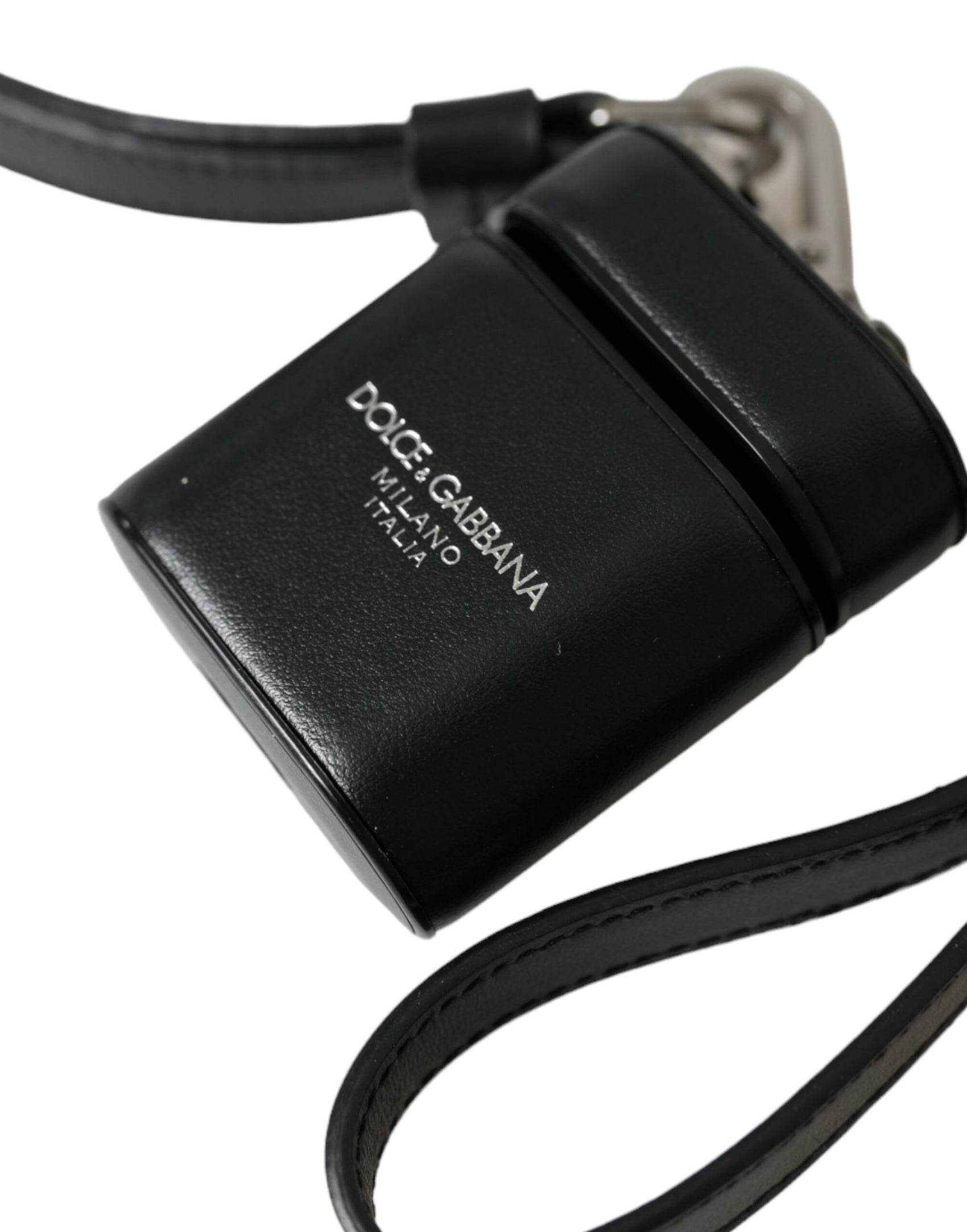 Cinturino in pelle nera Logo in metallo argentato Custodia per Airpods stampata