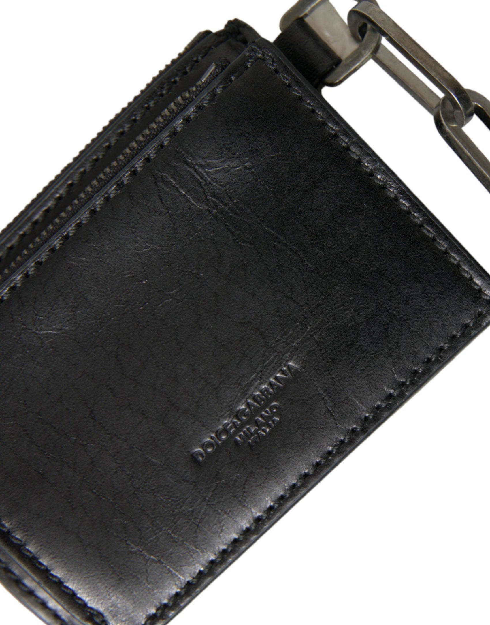 Schlüsselanhänger aus schwarzem Leder mit Reißverschluss und Logo