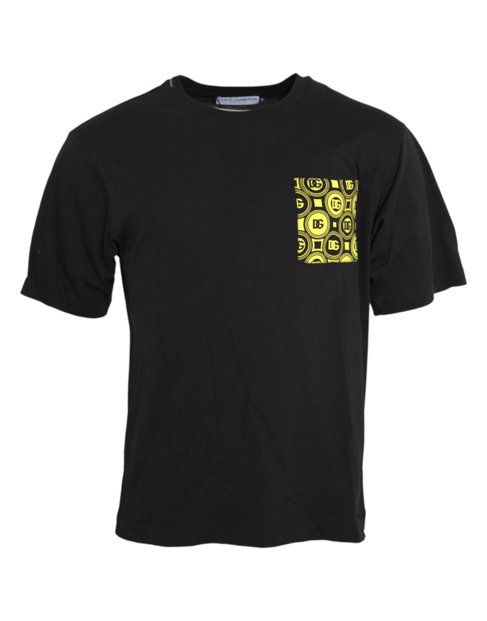 Schwarzes Baumwoll-T-Shirt mit Rundhalsausschnitt und bedruckter Tasche
