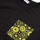 Schwarzes Baumwoll-T-Shirt mit Rundhalsausschnitt und bedruckter Tasche