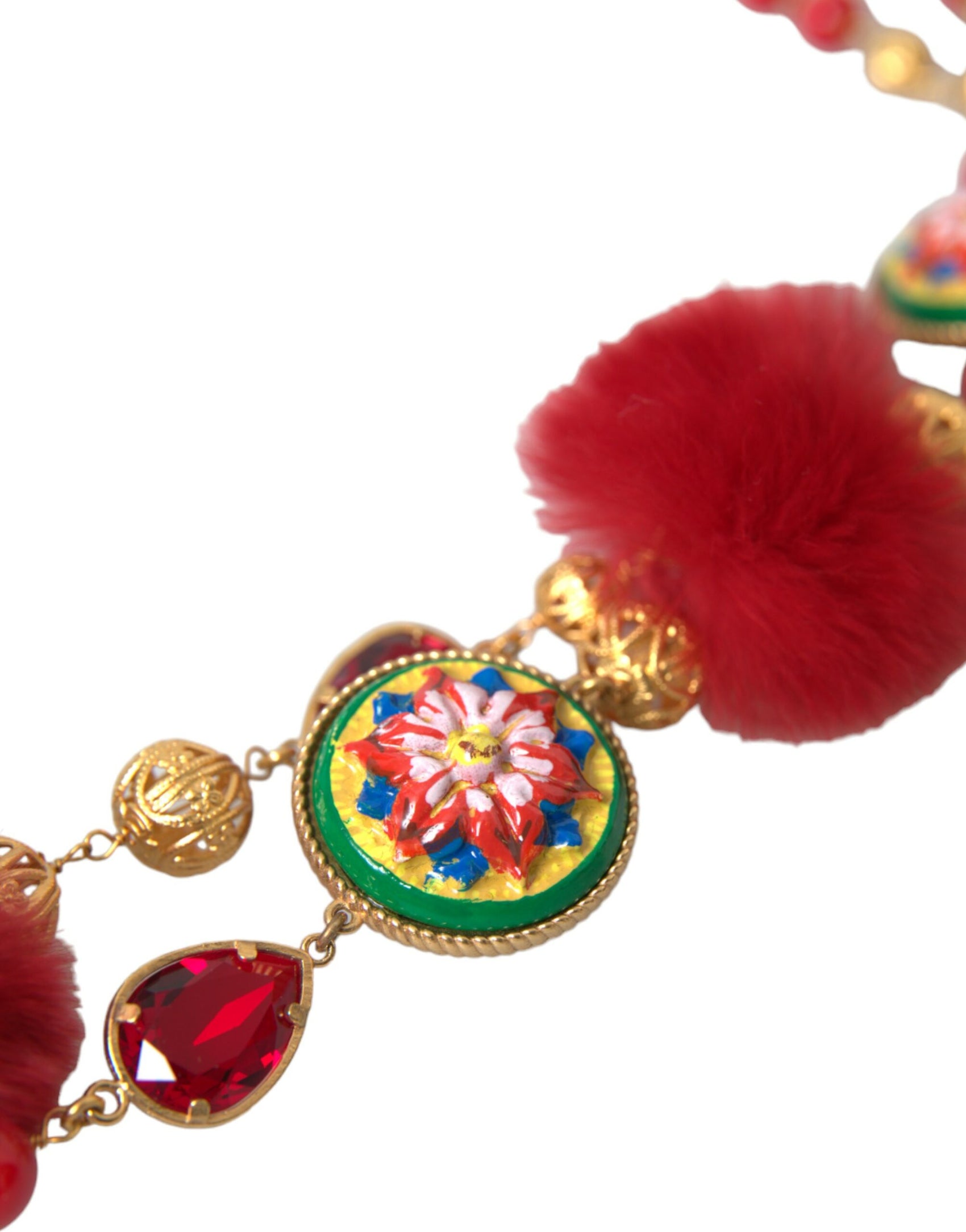 Collana con catena Carretto in cristallo rosso e ottone dorato