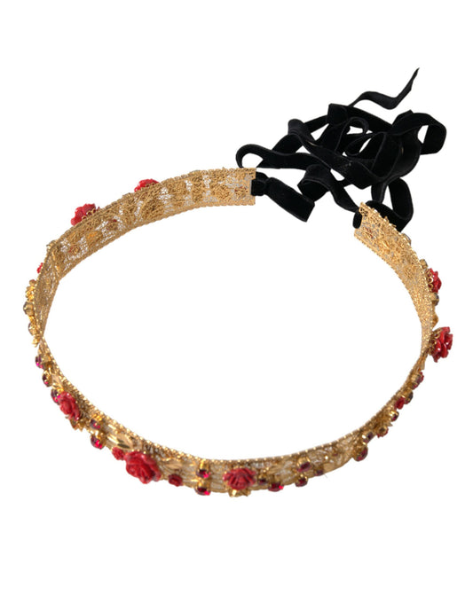 Gold Brass Red Roses Crystal Jewel Waist Belt