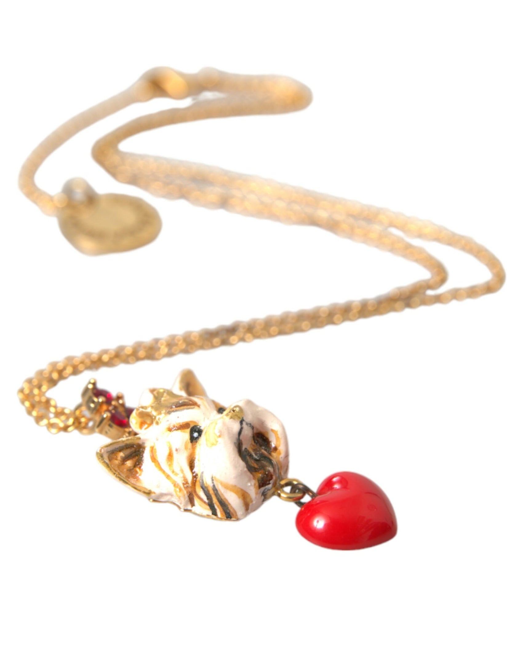 Collana con ciondolo a forma di cuore con catena in ottone dorato e cane