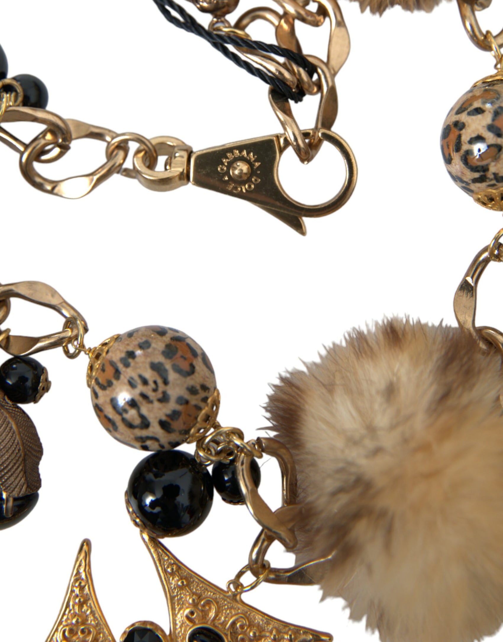 Collana girocollo in filigrana di pelliccia di lapin con cristalli neri dorati