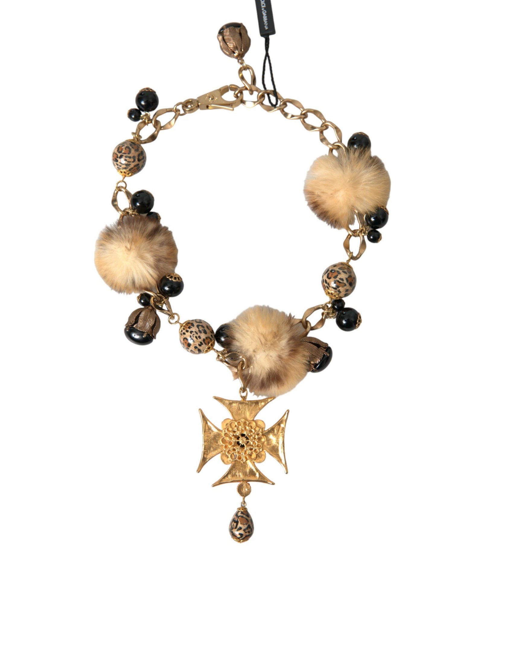 Collana girocollo in filigrana di pelliccia di lapin con cristalli neri dorati