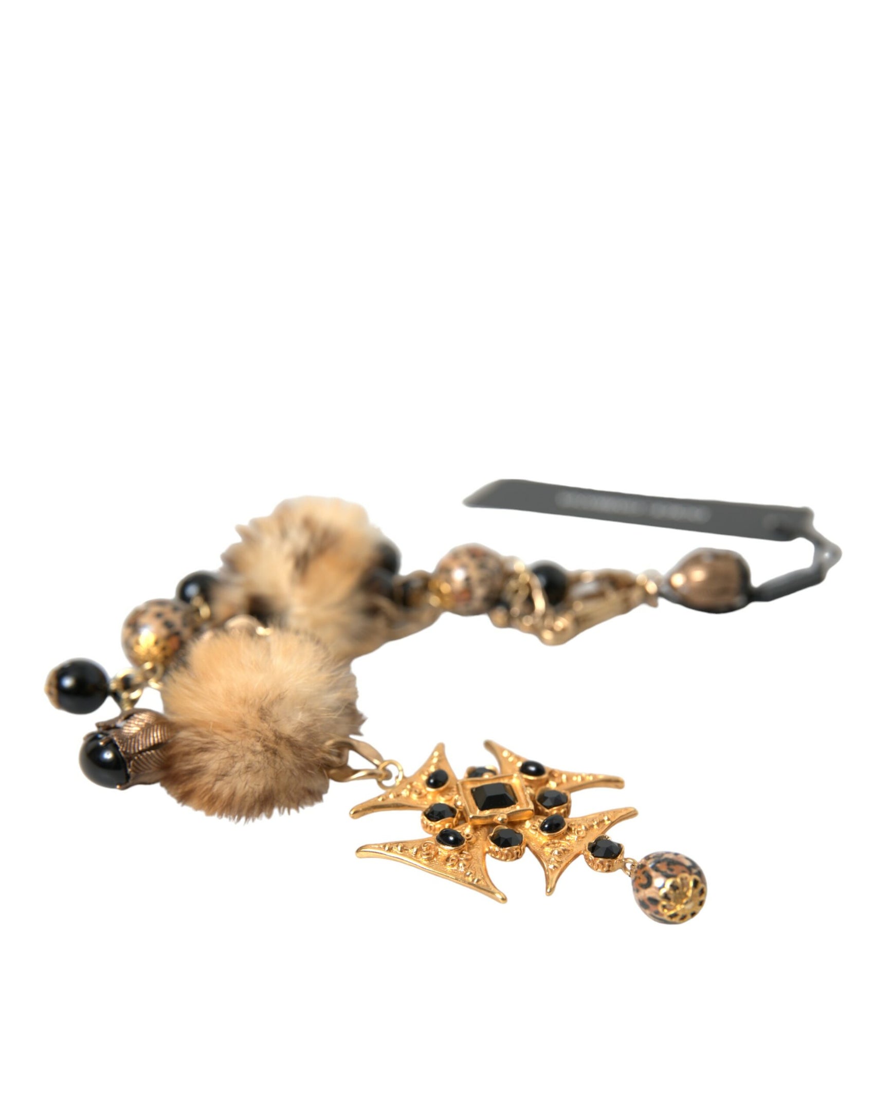 Collana girocollo in filigrana di pelliccia di lapin con cristalli neri dorati