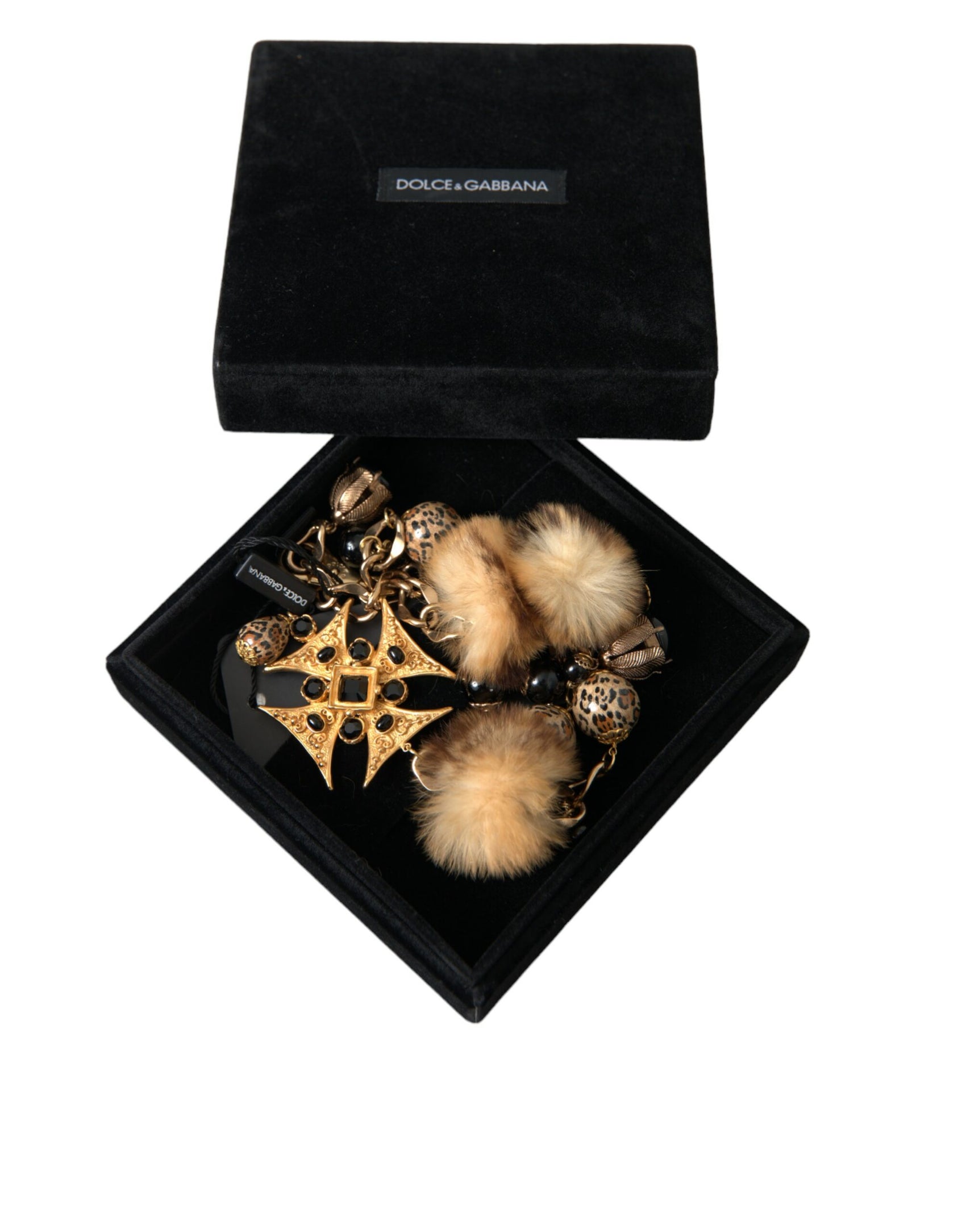 Collana girocollo in filigrana di pelliccia di lapin con cristalli neri dorati