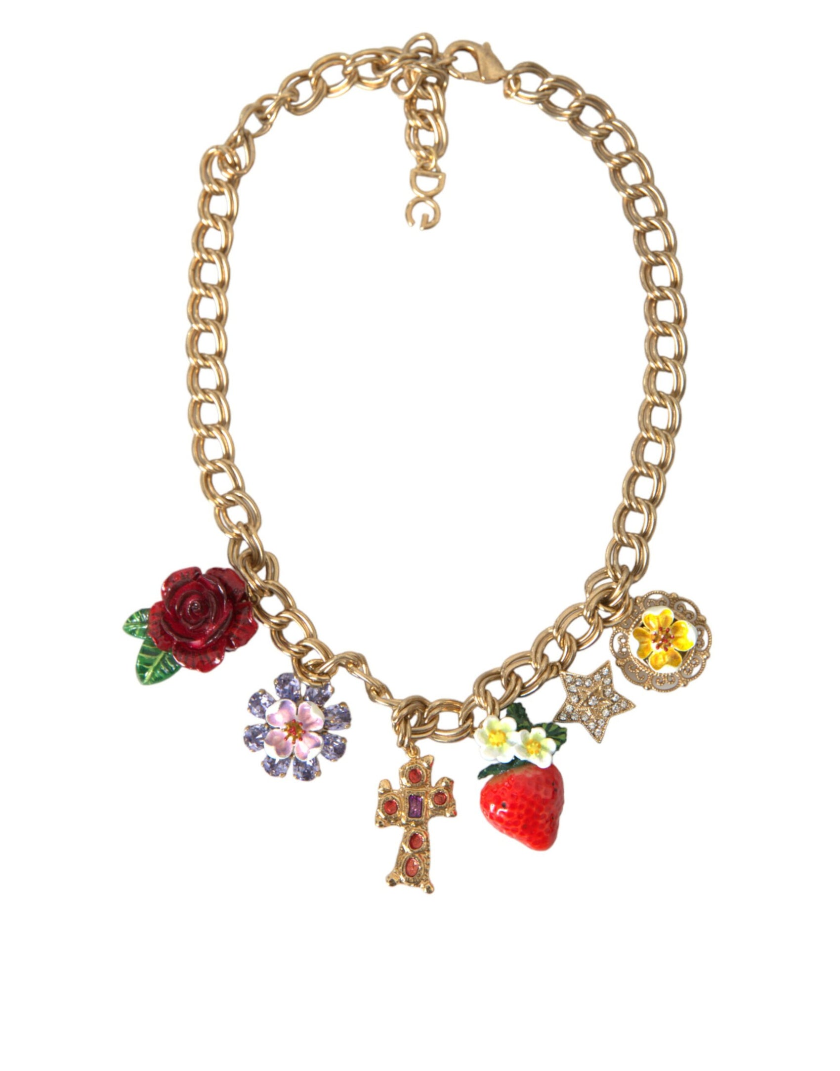 Collana con ciondolo a forma di stella e fragola con croce rosa in catena d'oro