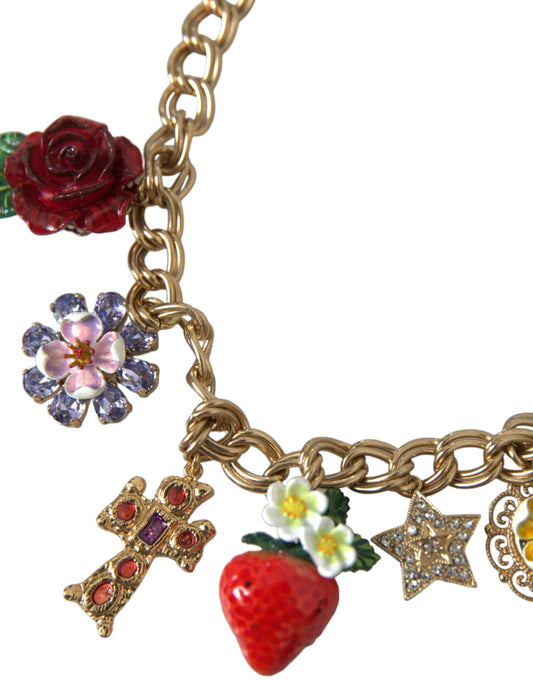 Collana con ciondolo a forma di stella e fragola con croce rosa in catena d'oro