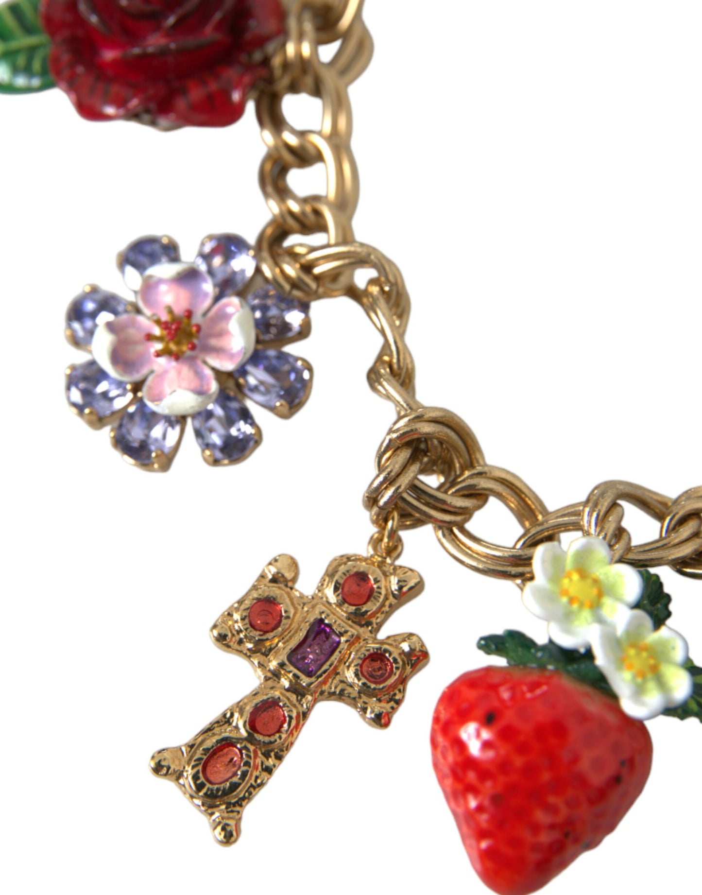 Collana con ciondolo a forma di stella e fragola con croce rosa in catena d'oro