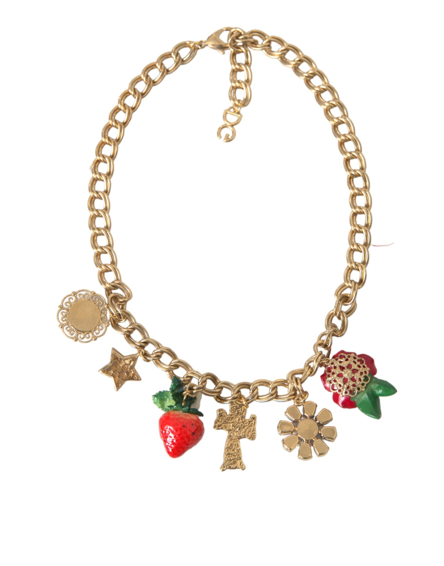 Collana con ciondolo a forma di stella e fragola con croce rosa in catena d'oro