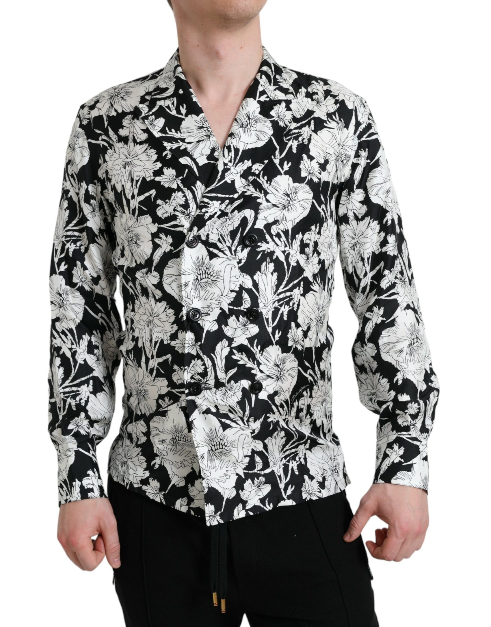 Schwarz-weißes Freizeithemd mit Blumenmuster und Knopfleiste