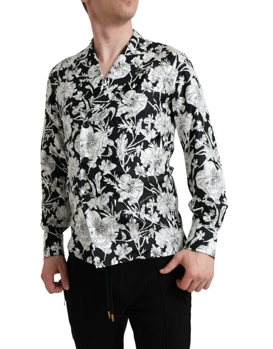 Schwarz-weißes Freizeithemd mit Blumenmuster und Knopfleiste