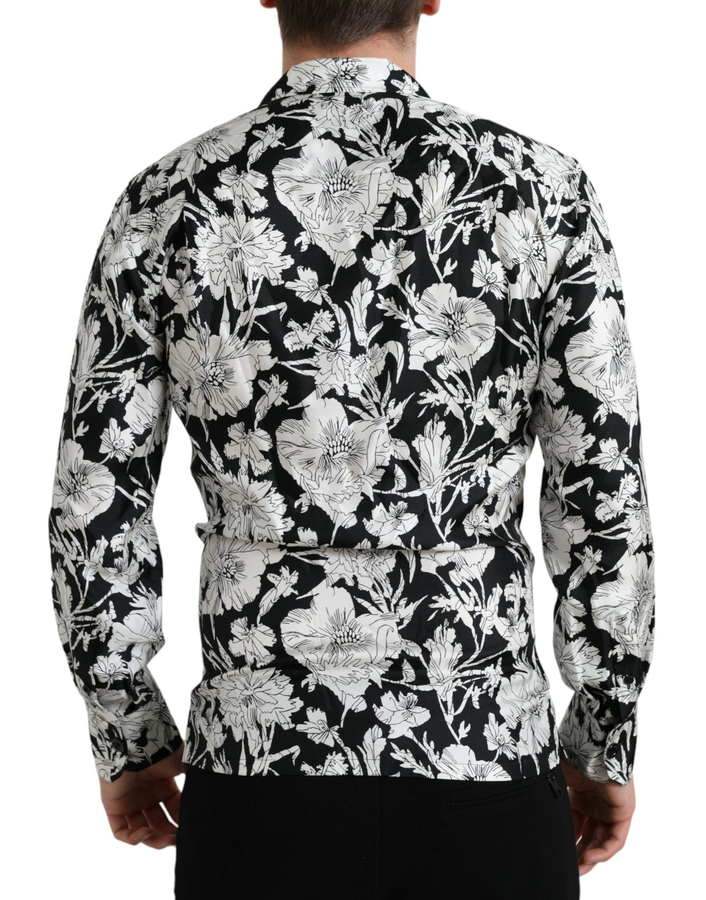 Schwarz-weißes Freizeithemd mit Blumenmuster und Knopfleiste