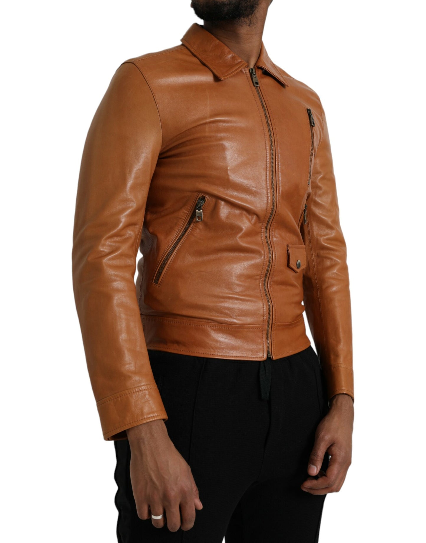 Brown Lamb Leather Full Zip Blouson Jacket