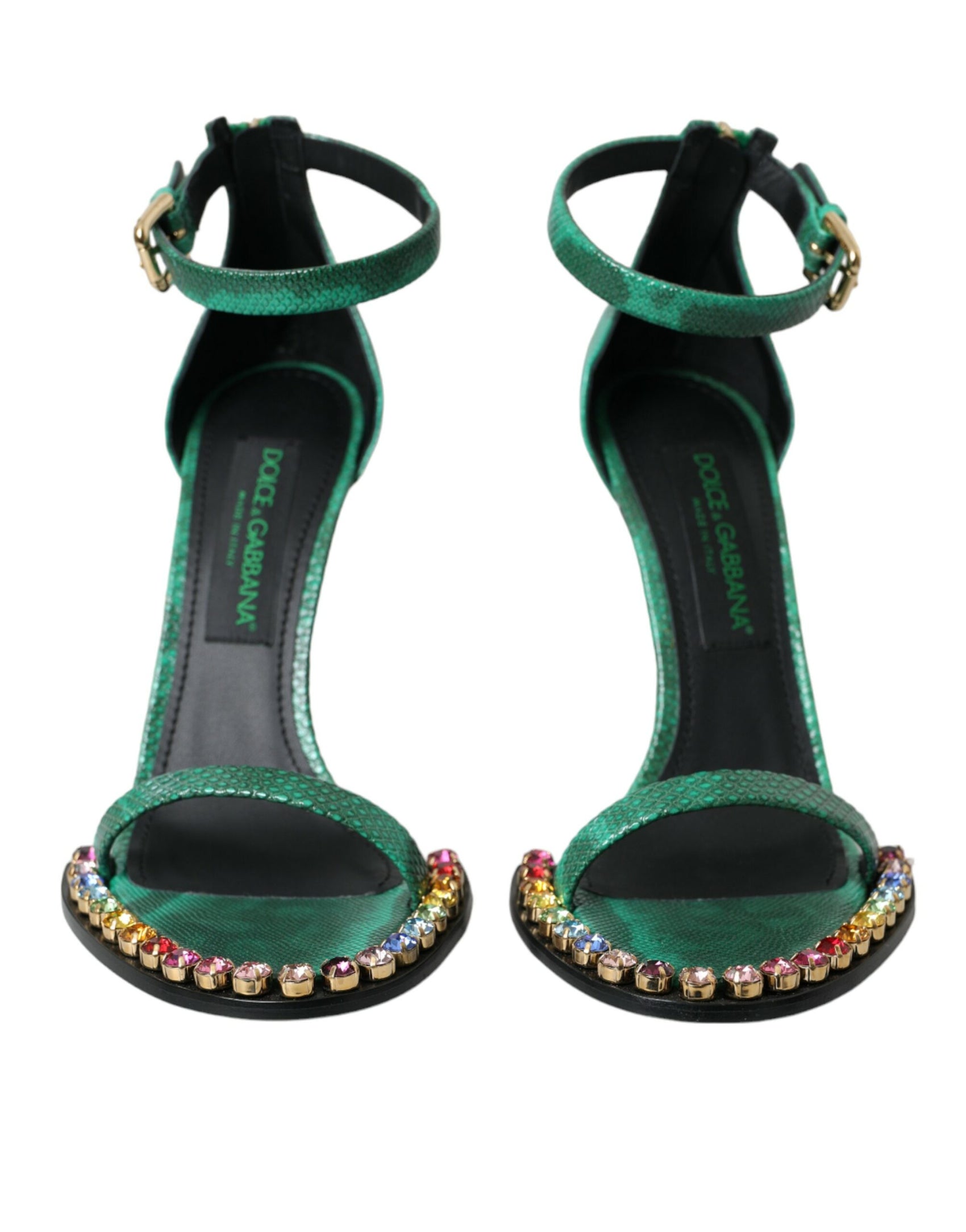 Grüne Sandalen aus exotischem Leder mit Kristallen