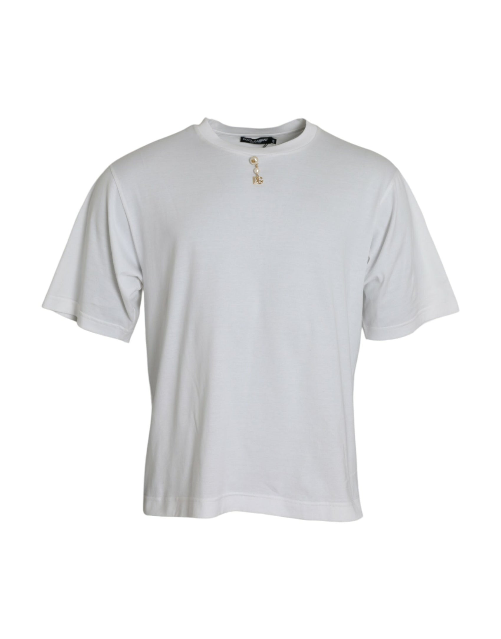 Weißes verziertes T-Shirt aus Baumwolle mit Rundhalsausschnitt