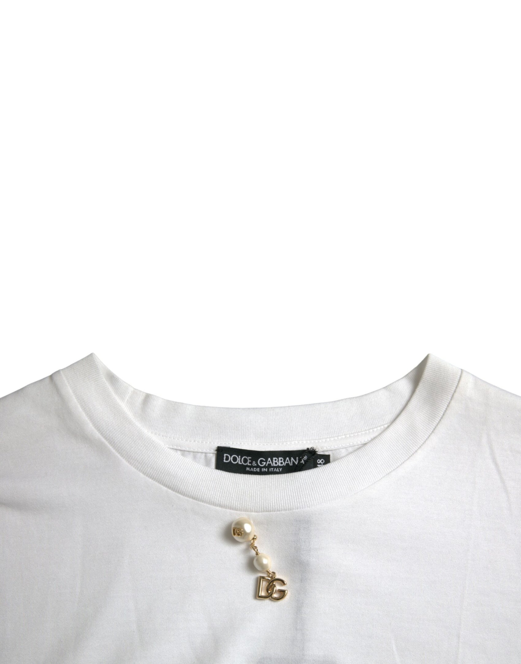 Weißes verziertes T-Shirt aus Baumwolle mit Rundhalsausschnitt