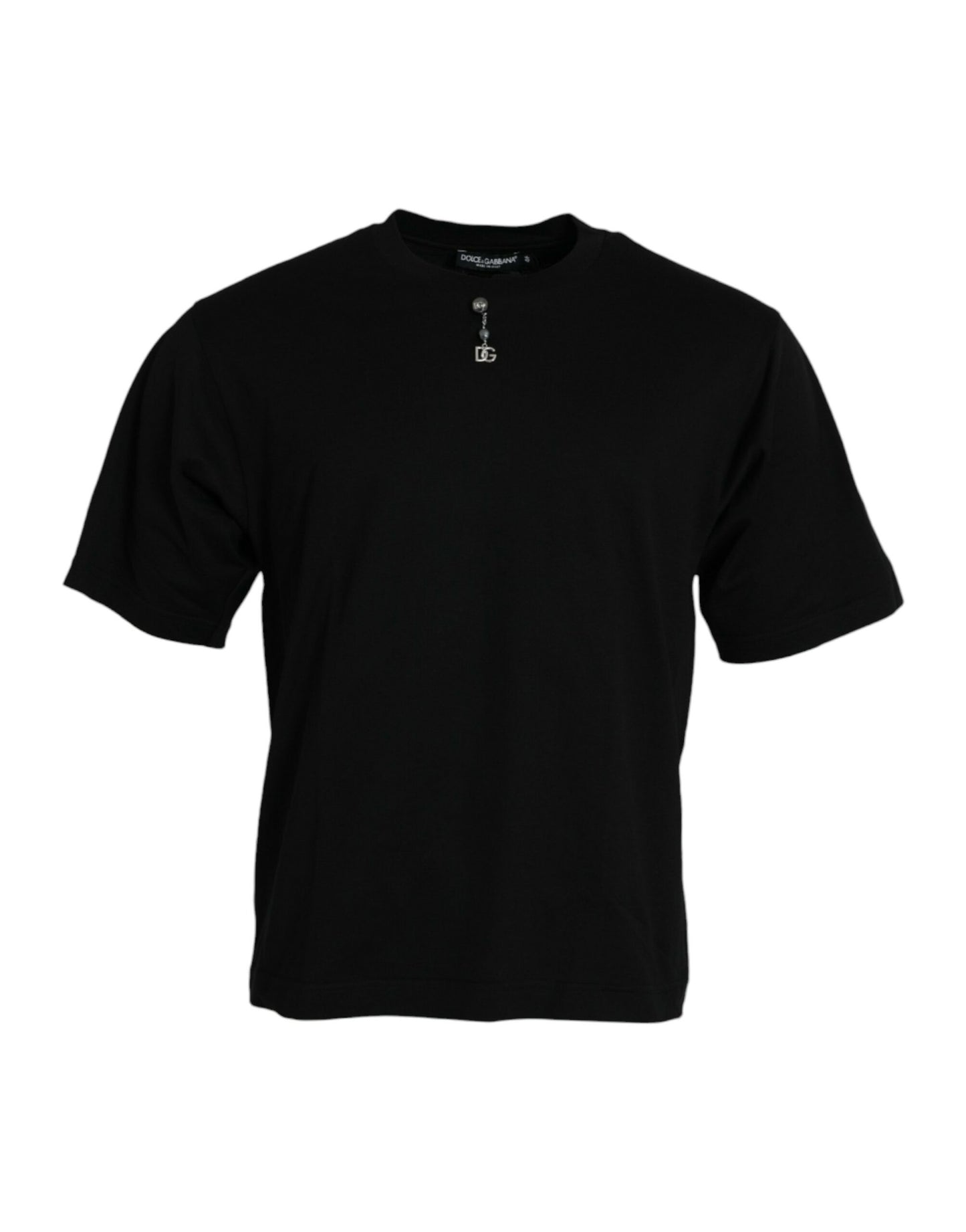 Schwarzes verziertes T-Shirt aus Baumwolle mit Rundhalsausschnitt