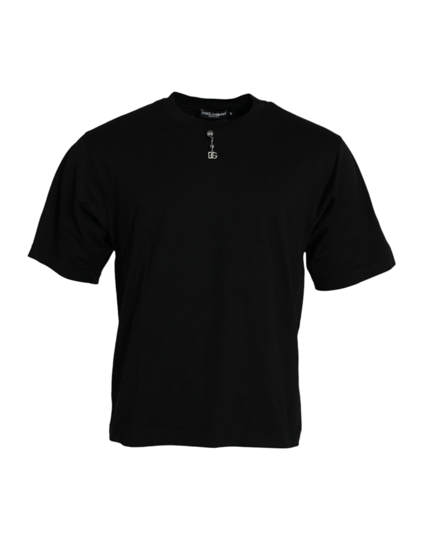 Schwarzes verziertes T-Shirt aus Baumwolle mit Rundhalsausschnitt