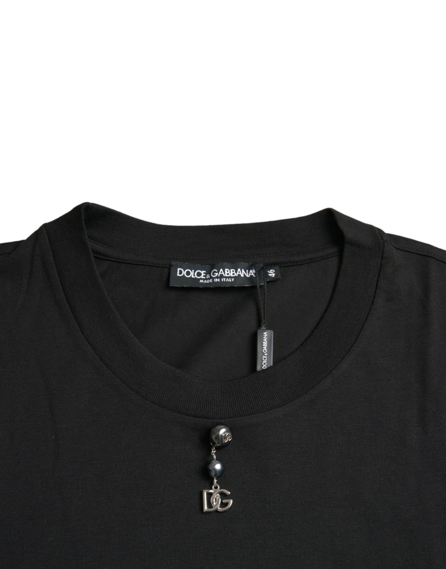 Schwarzes verziertes T-Shirt aus Baumwolle mit Rundhalsausschnitt