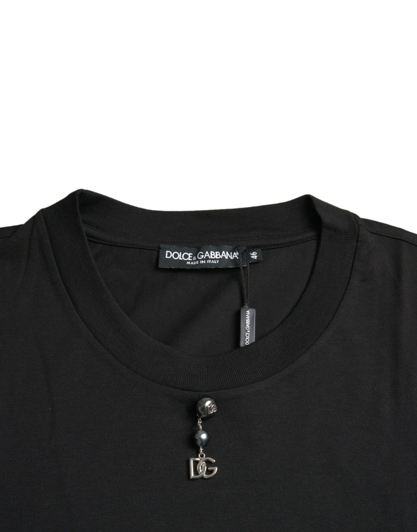 Schwarzes verziertes T-Shirt aus Baumwolle mit Rundhalsausschnitt