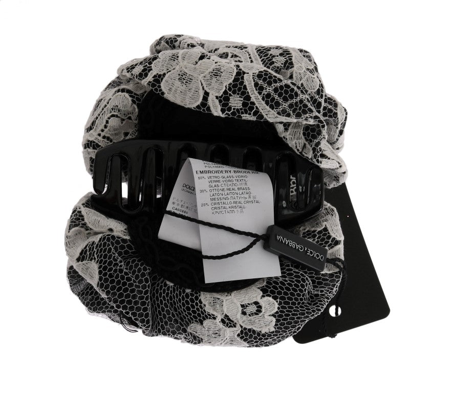 Elegante schwarz-weiße Haarklammer mit floraler Spitze und Kristallen