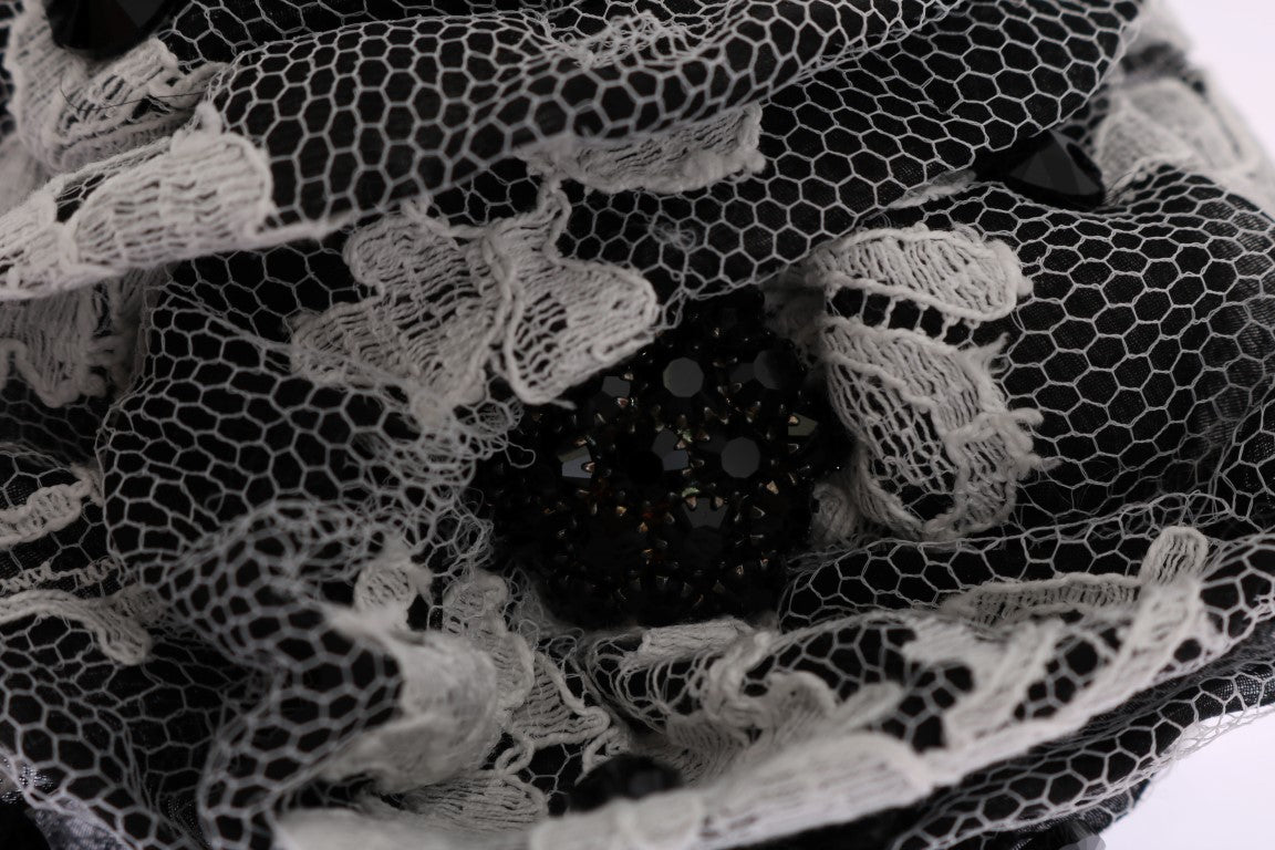 Elegante schwarz-weiße Haarklammer mit floraler Spitze und Kristallen
