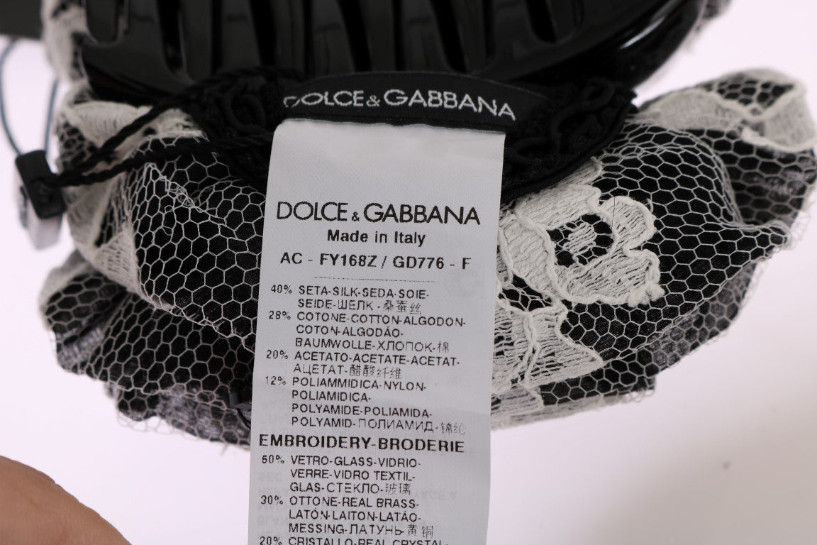 Elegante schwarz-weiße Haarklammer mit floraler Spitze und Kristallen